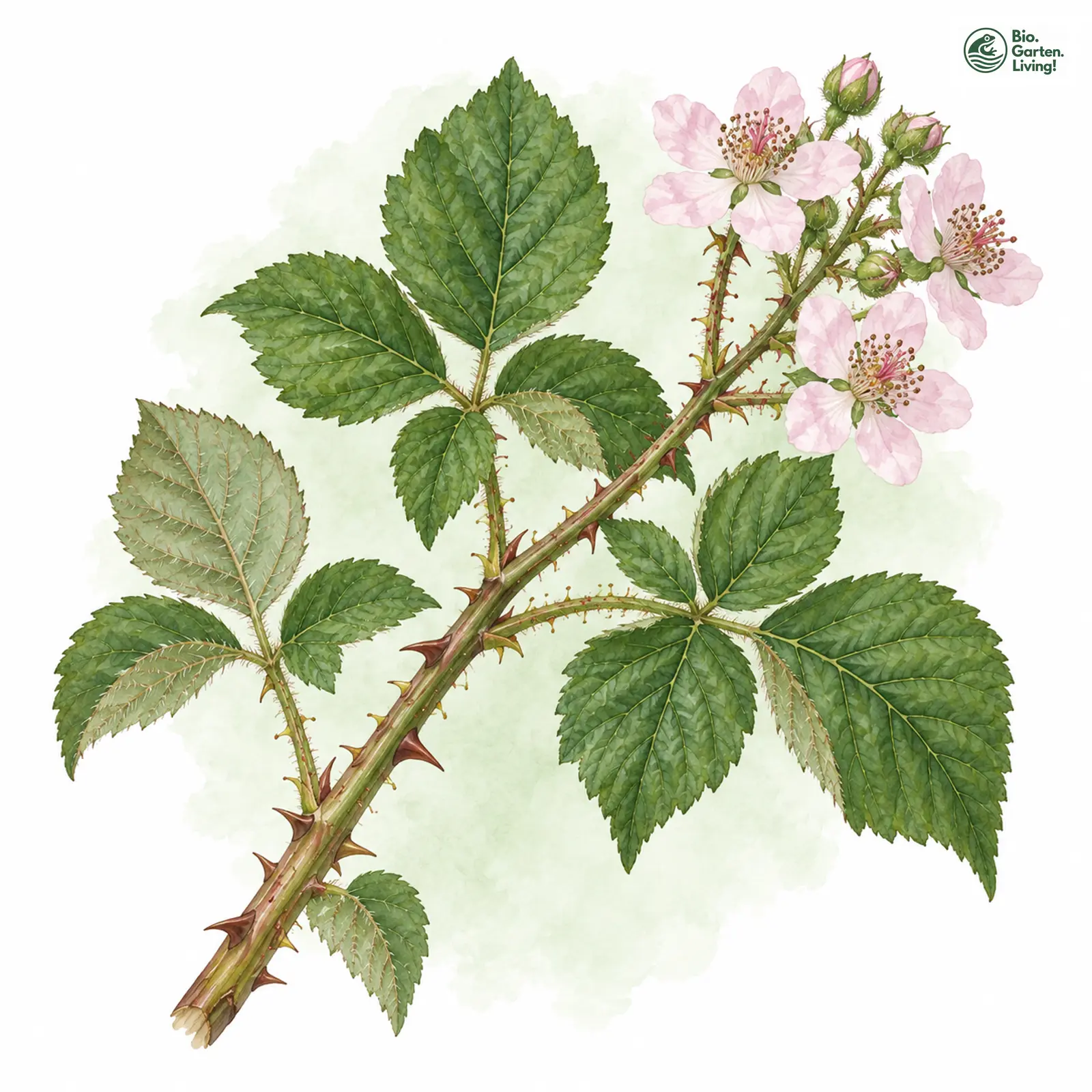 Aquarellzeichnung: Raunkiaer-Haselblatt-Brombeere (Rubus raunkiaeri)
