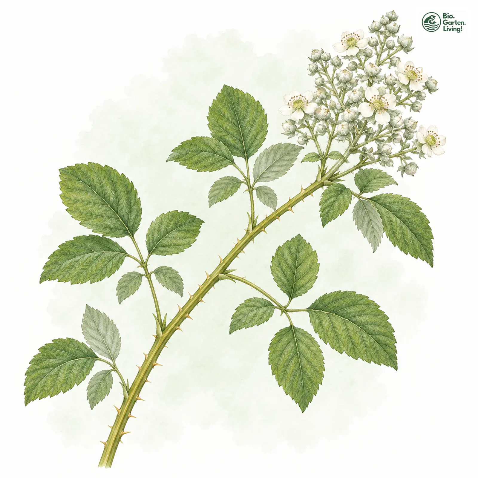 Aquarellzeichnung: Entferntblättrige Haselblatt-Brombeere (Rubus remotifolius)