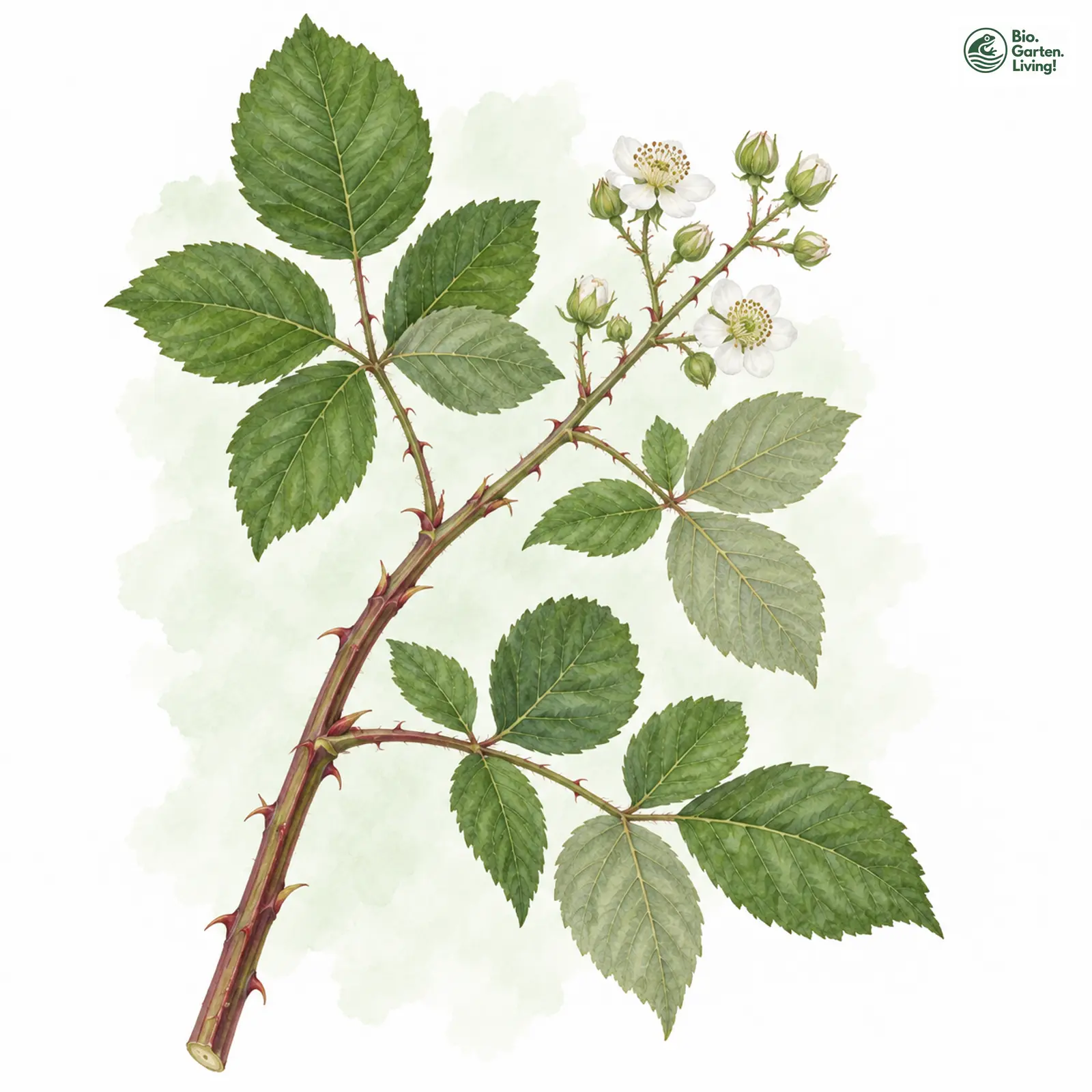 Aquarellzeichnung: Faulbaumblättrige Brombeere (Rubus rhamnifolius)