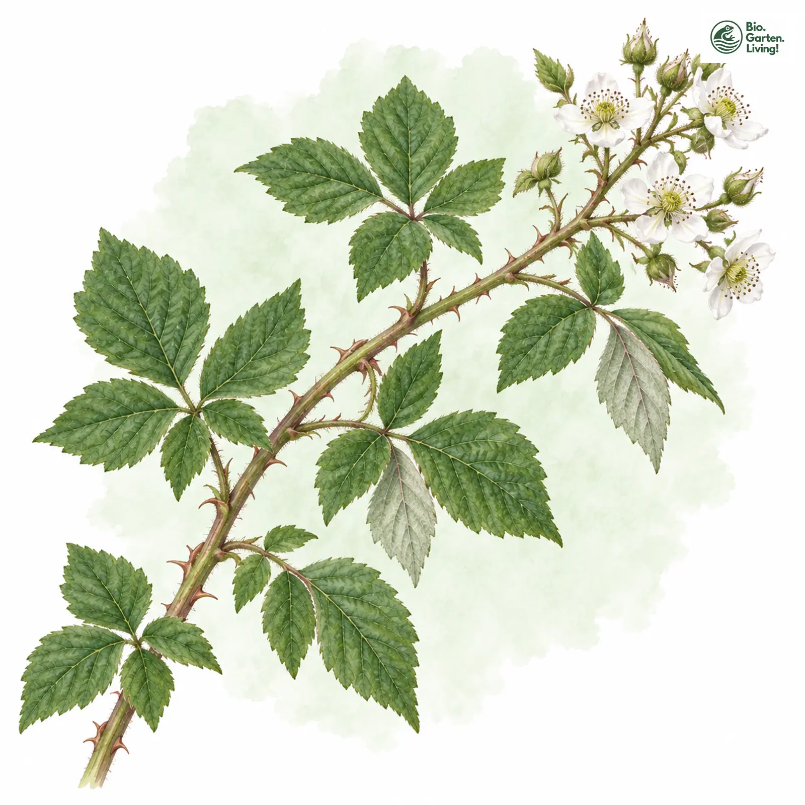 Aquarellzeichnung: Rhombische Haselblatt-Brombeere (Rubus rhombicus)