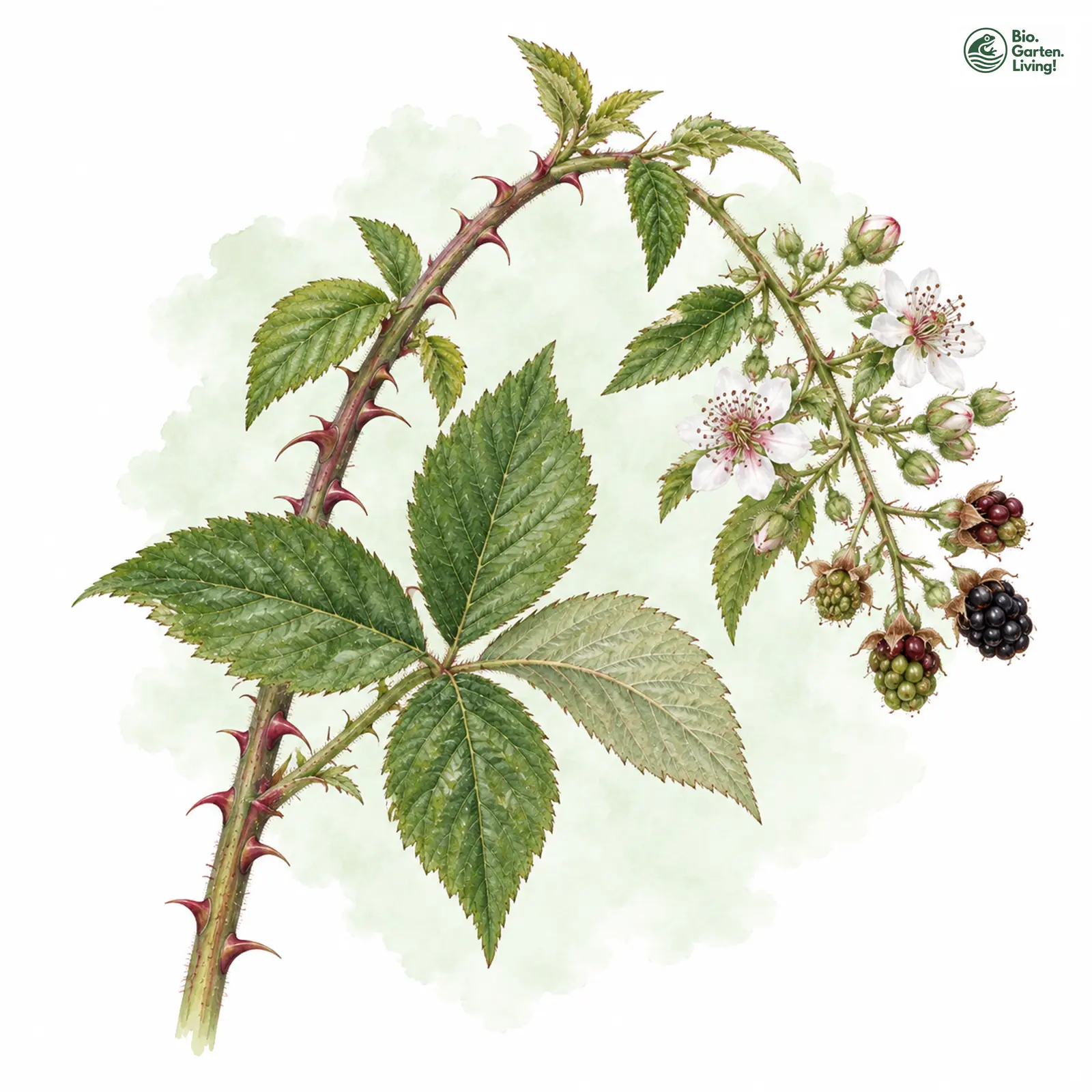 Aquarellzeichnung: Rautenblättrige Brombeere (Rubus rhombifolius)