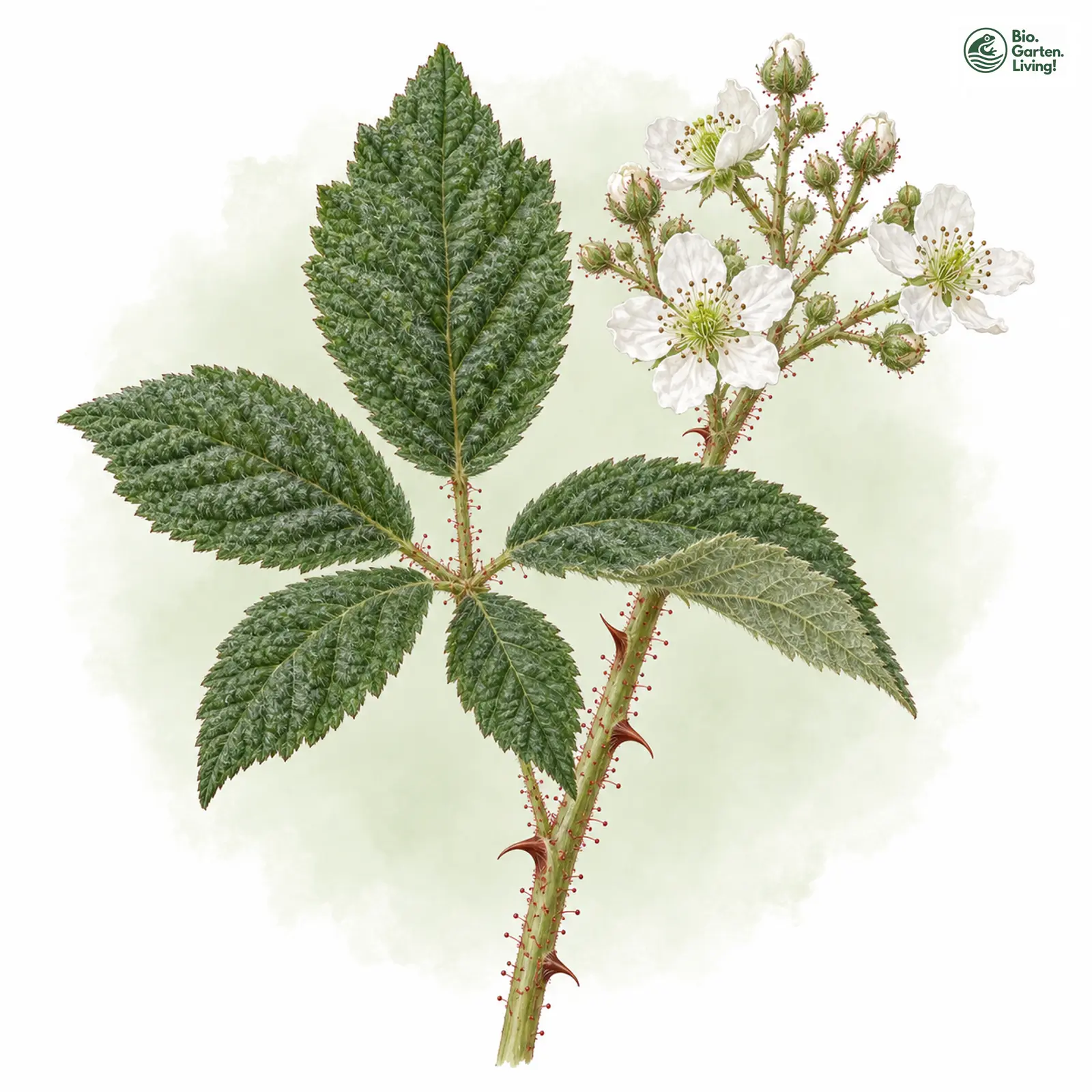 Aquarellzeichnung: Runzelblättrige Haselblatt-Brombeere (Rubus rhytidophyllus)