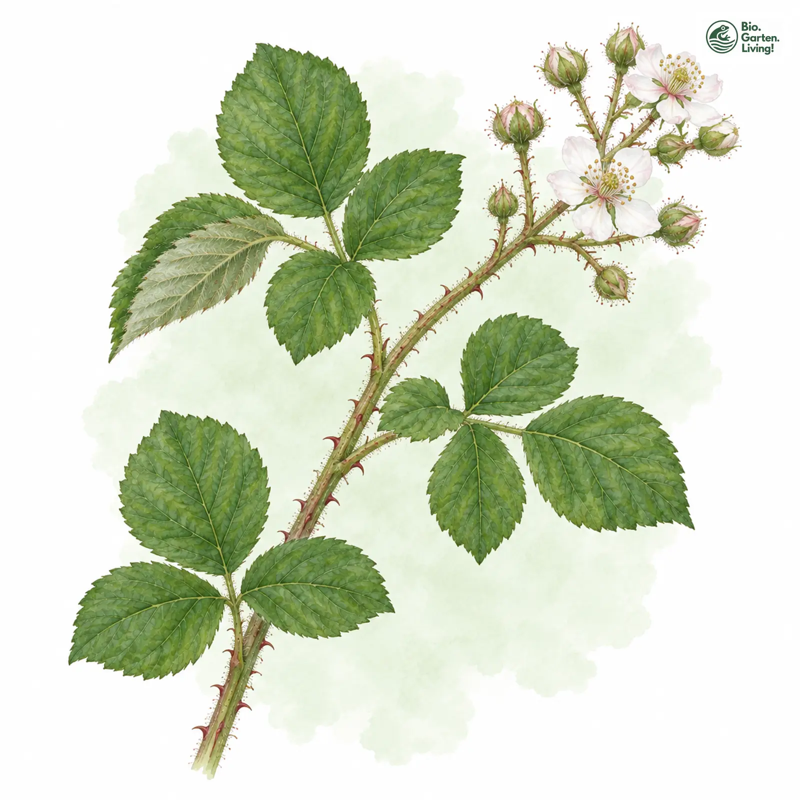 Aquarellzeichnung: Ripuarier-Brombeere (Rubus ripuaricus)