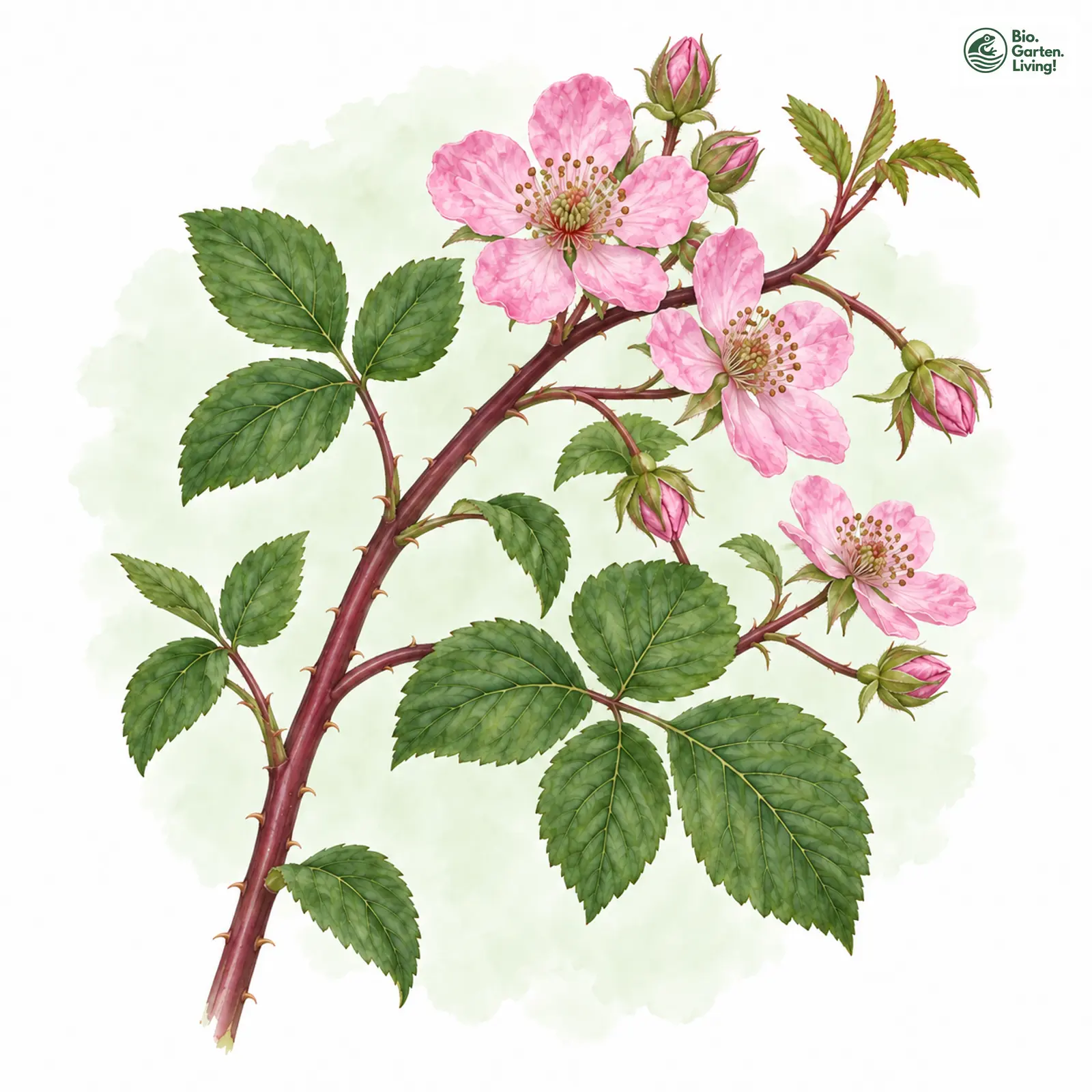 Aquarellzeichnung: Rosarote Brombeere (Rubus rosaceus)