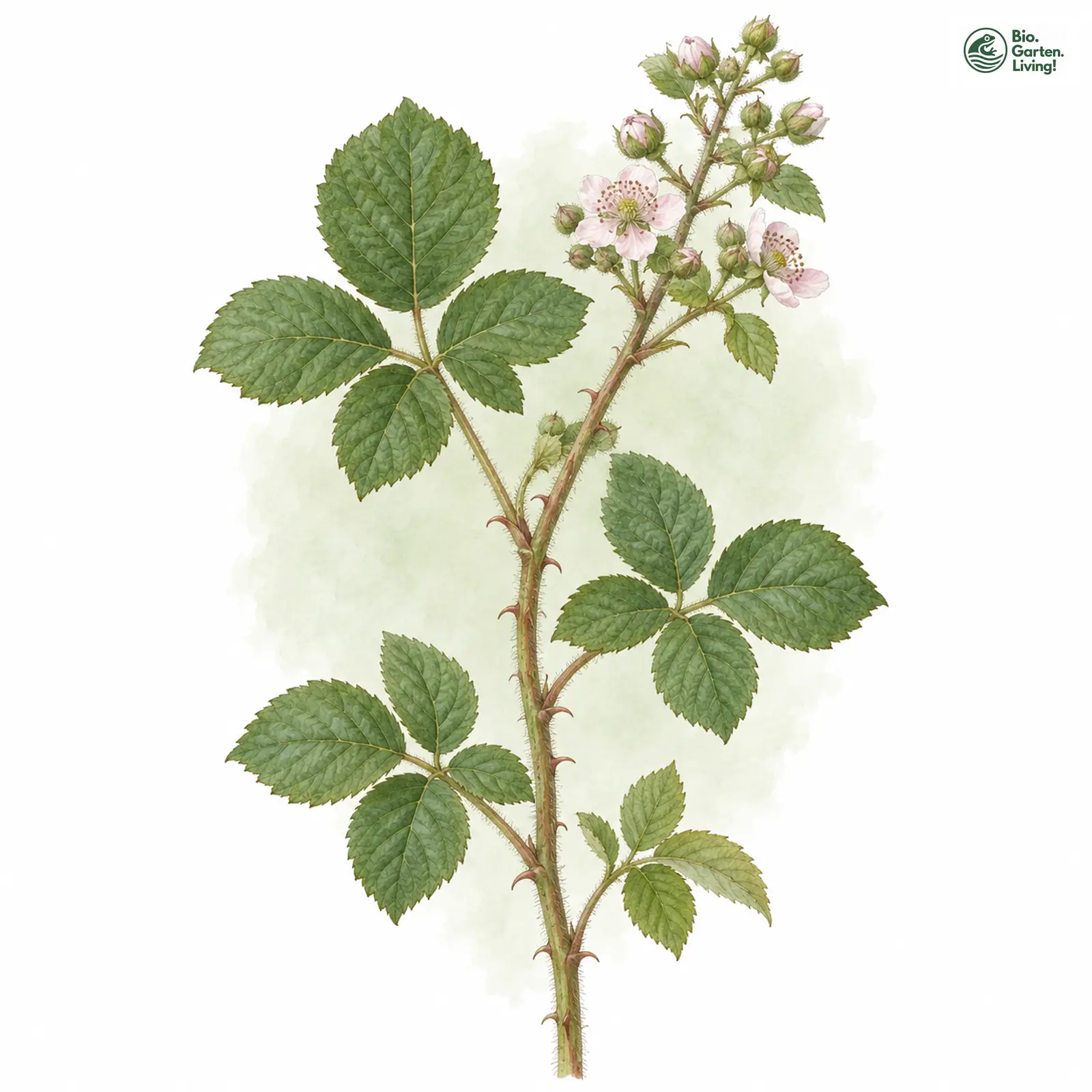 Aquarellzeichnung: Rundblättrige Haselblatt-Brombeere (Rubus rotundifoliatus)