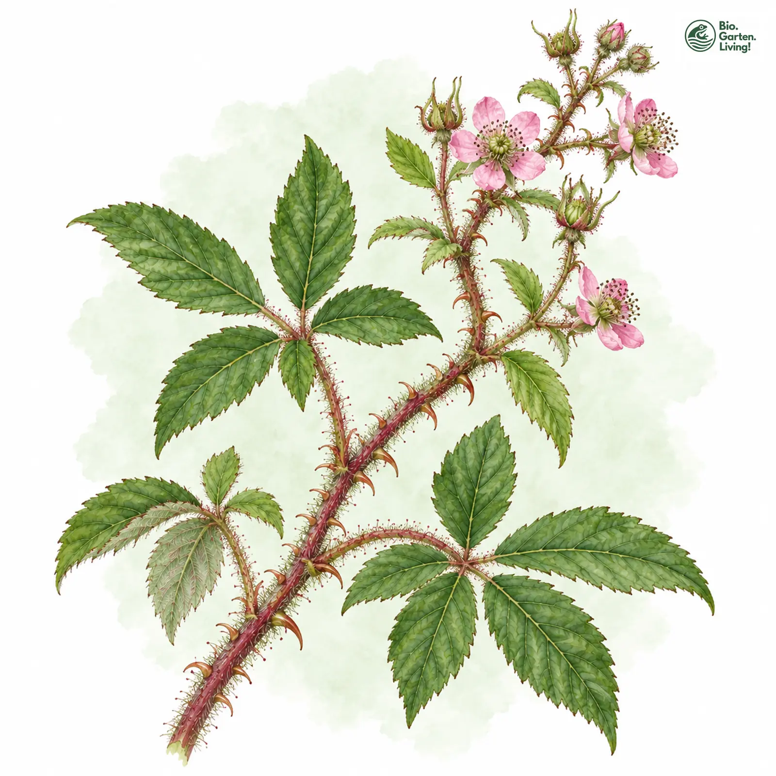 Aquarellzeichnung: Niederrhein Brombeere (Rubus rubrum-cadaver)