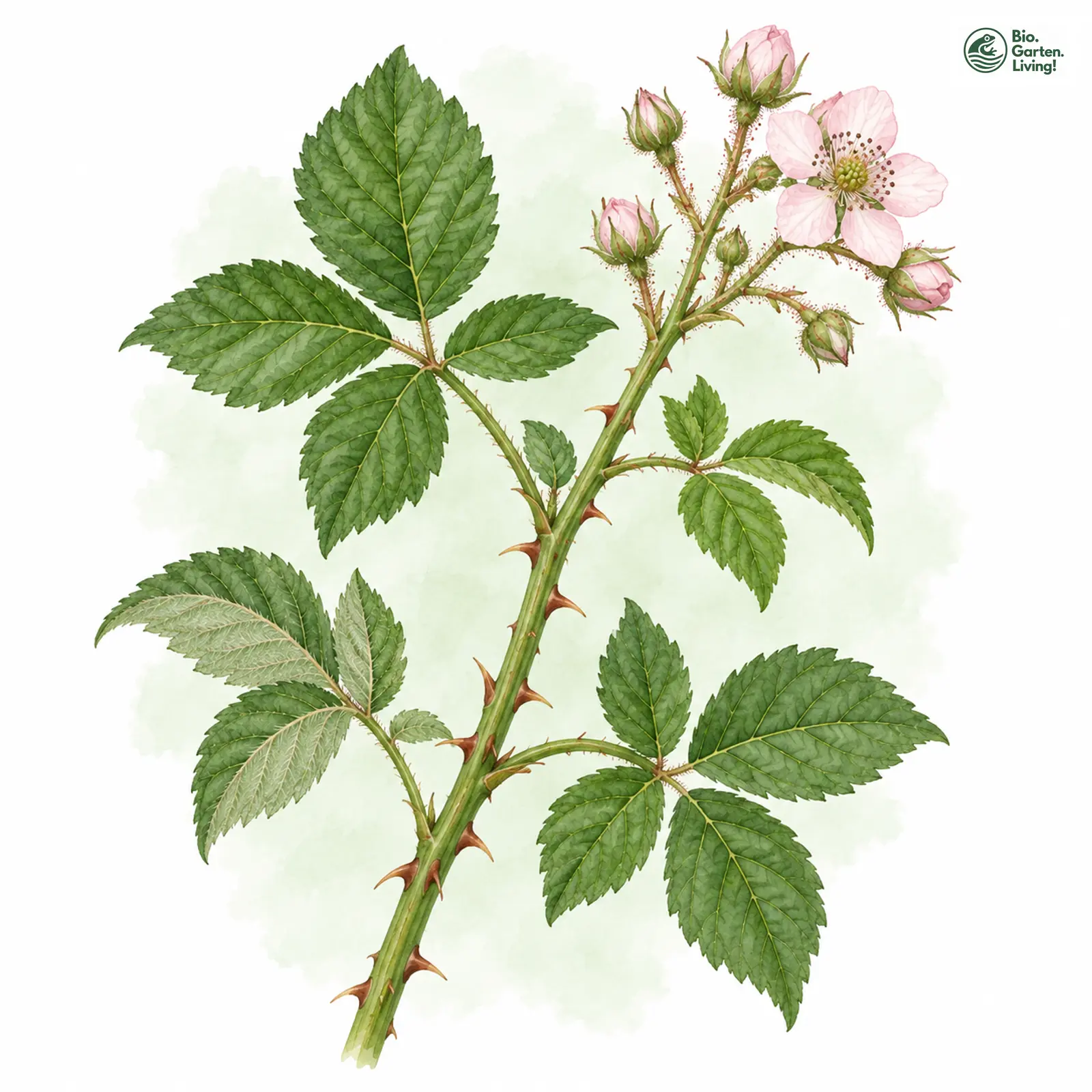 Aquarellzeichnung: Raue Brombeere (Rubus rudis)