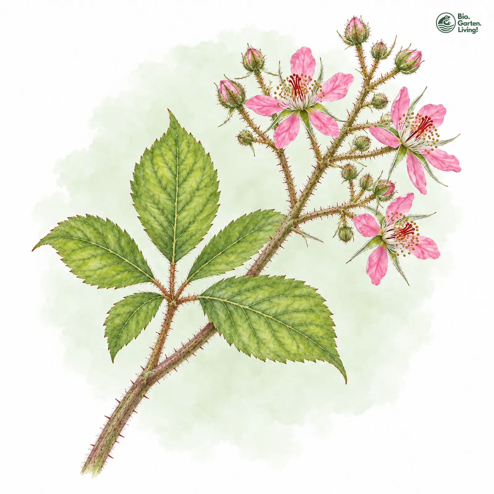 Aquarellzeichnung: Rötliche Brombeere (Rubus rufescens)