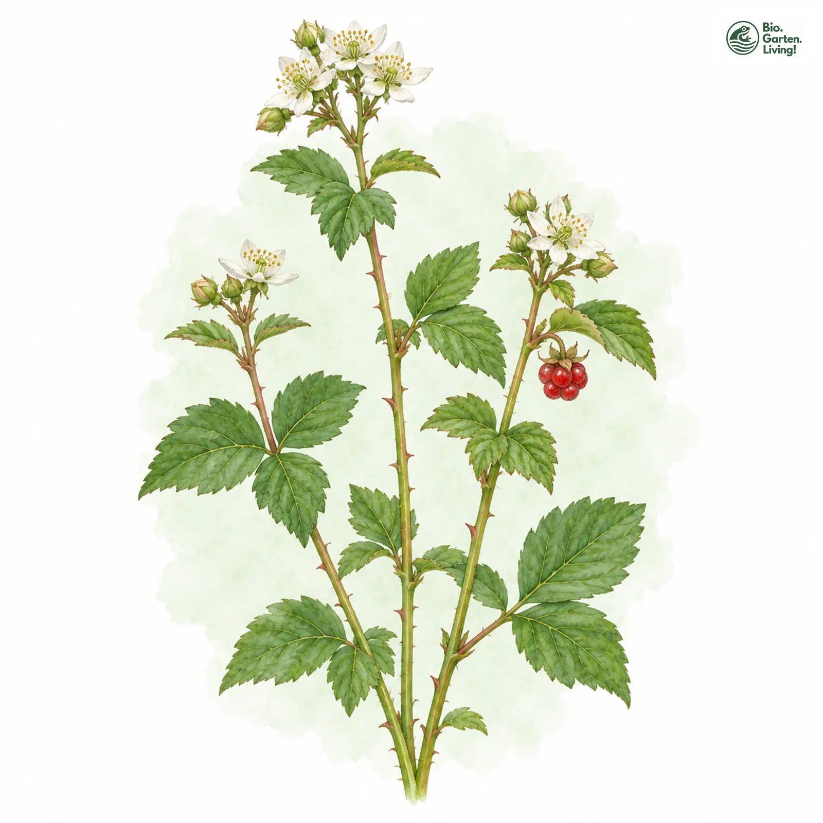 Aquarellzeichnung: Steinbeere (Rubus saxatilis)