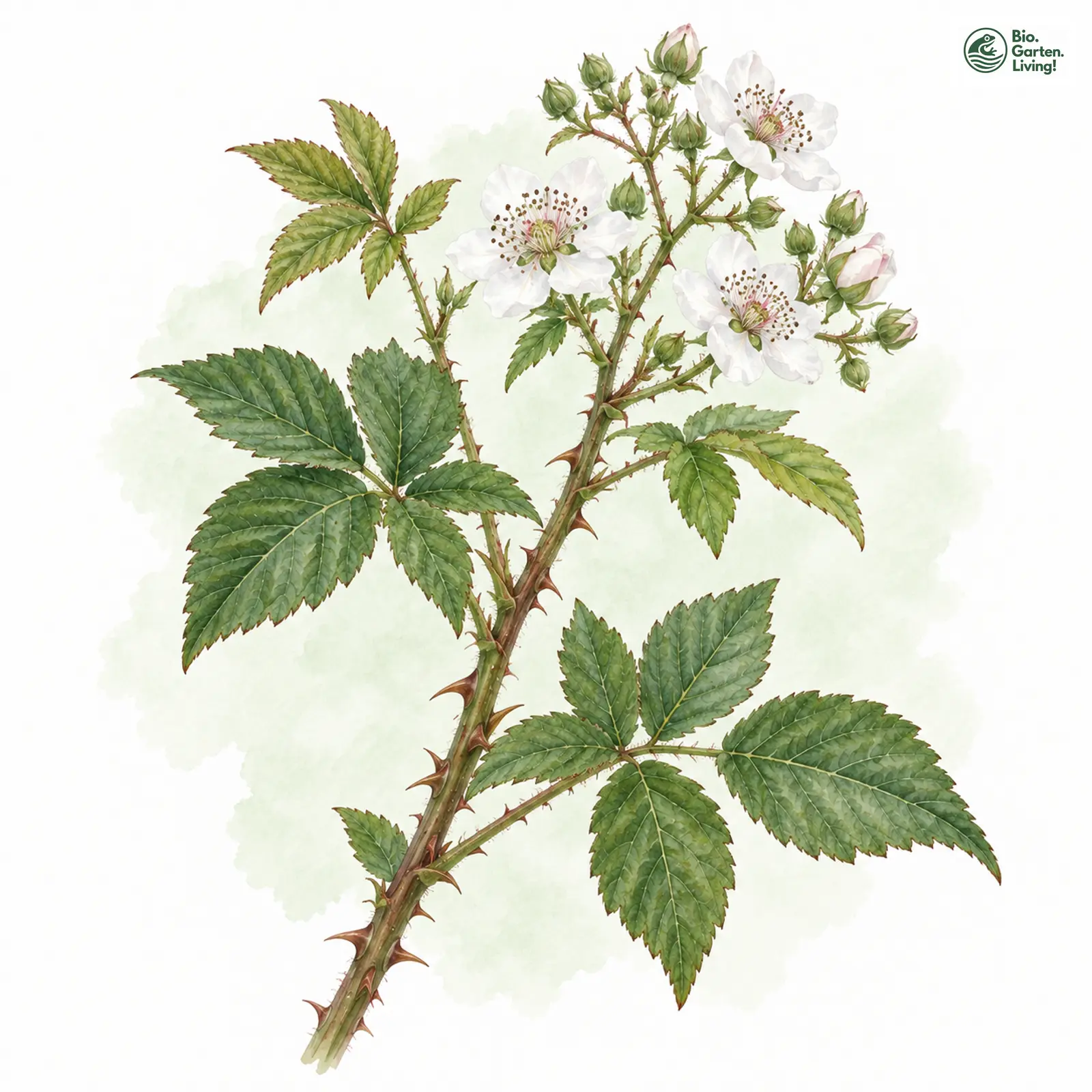 Aquarellzeichnung: Felsenbewohnende Brombeere (Rubus saxicola)