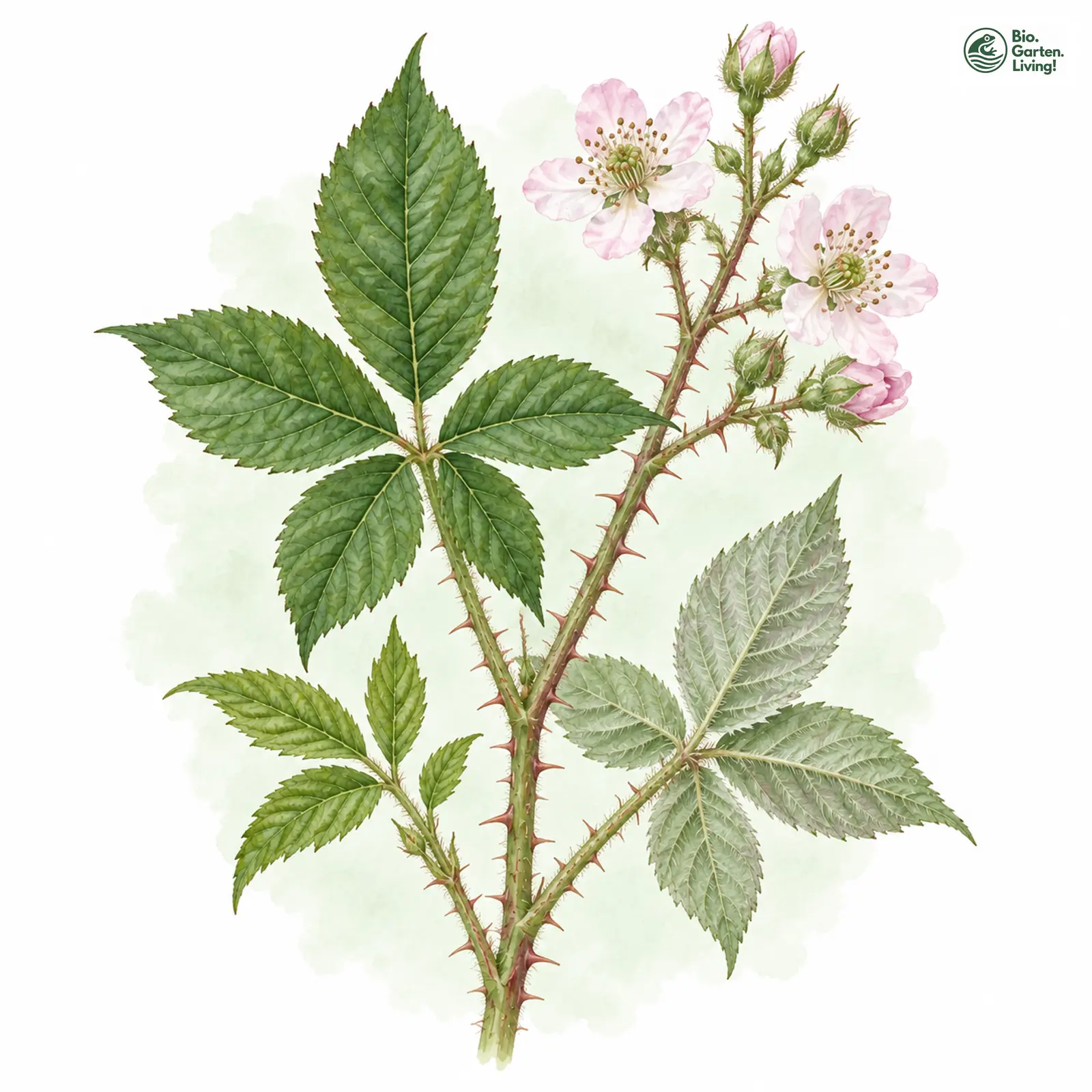 Aquarellzeichnung: Schlechtendal-Brombeere (Rubus schlechtendalii)