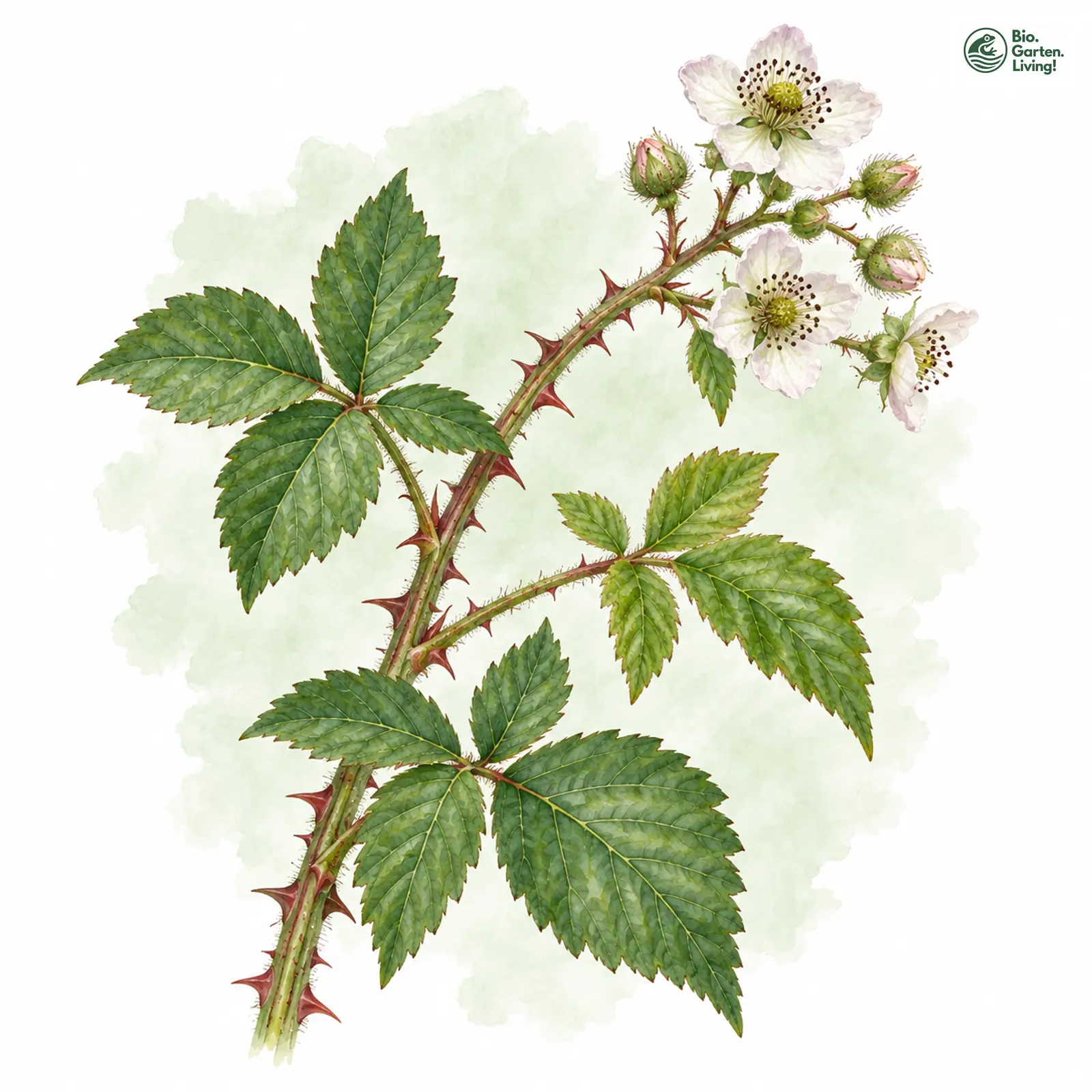 Aquarellzeichnung: Mittelholsteinische Brombeere (Rubus schlechtendaliiformis)