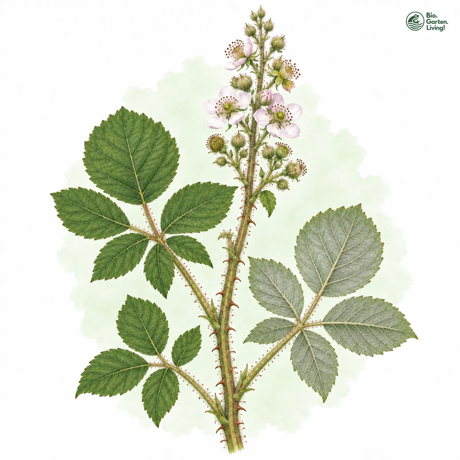 Aquarellzeichnung: Schlickum-Brombeere (Rubus schlickumii)