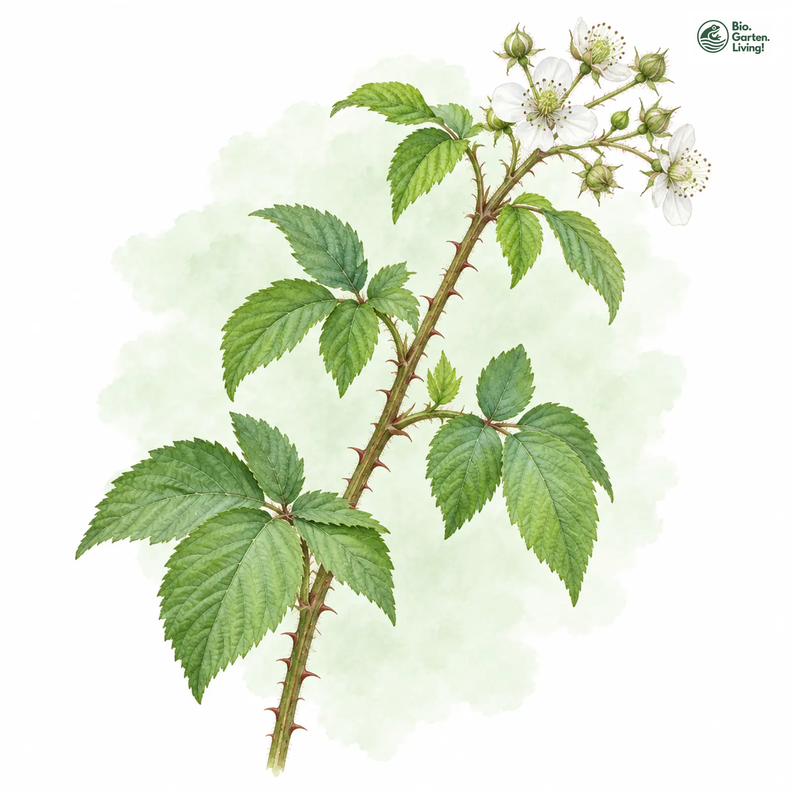 Aquarellzeichnung: Schattenliebende Brombeere (Rubus sciocharis)