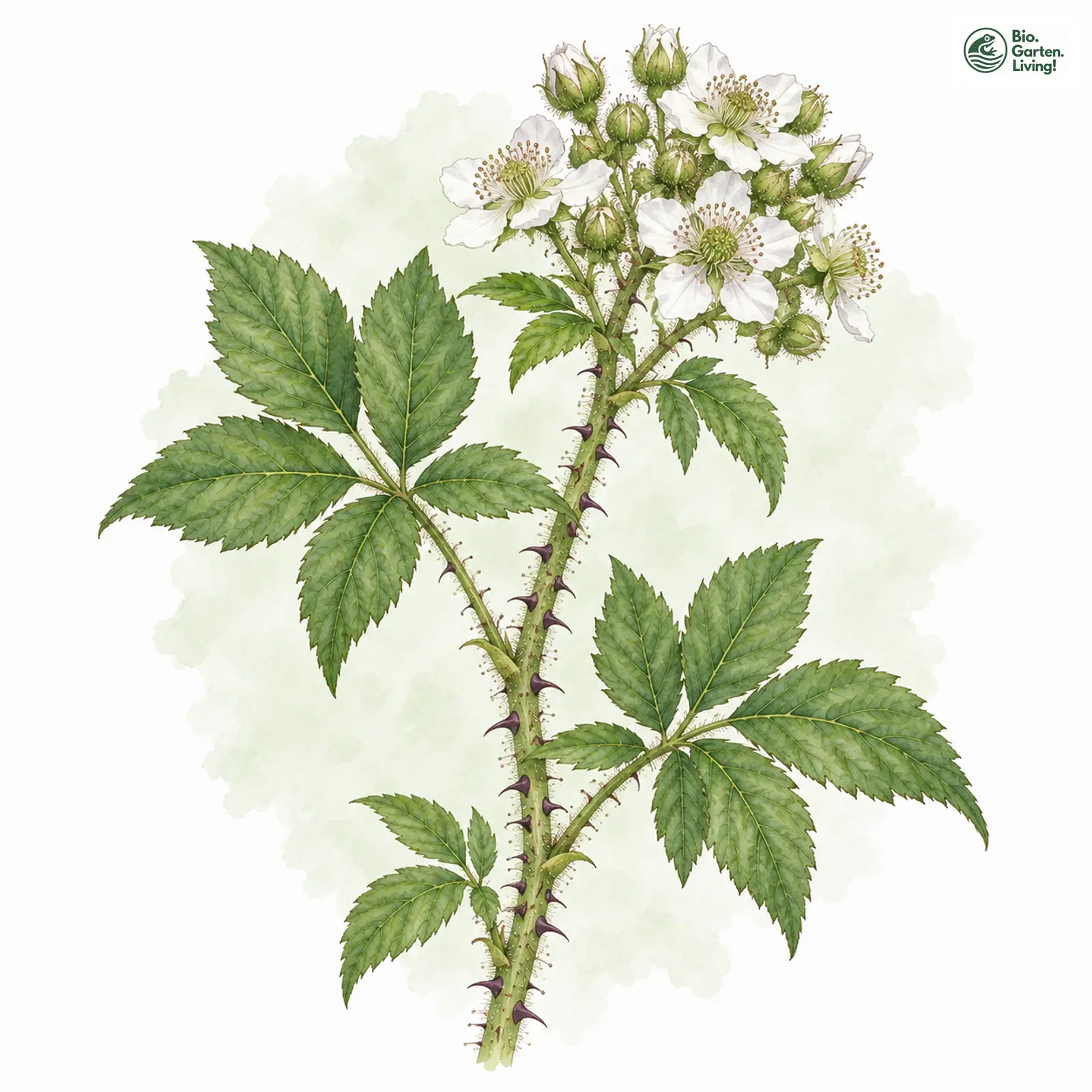 Aquarellzeichnung: Eingeschnittene Halbaufrechte Brombeere (Rubus scissoides)
