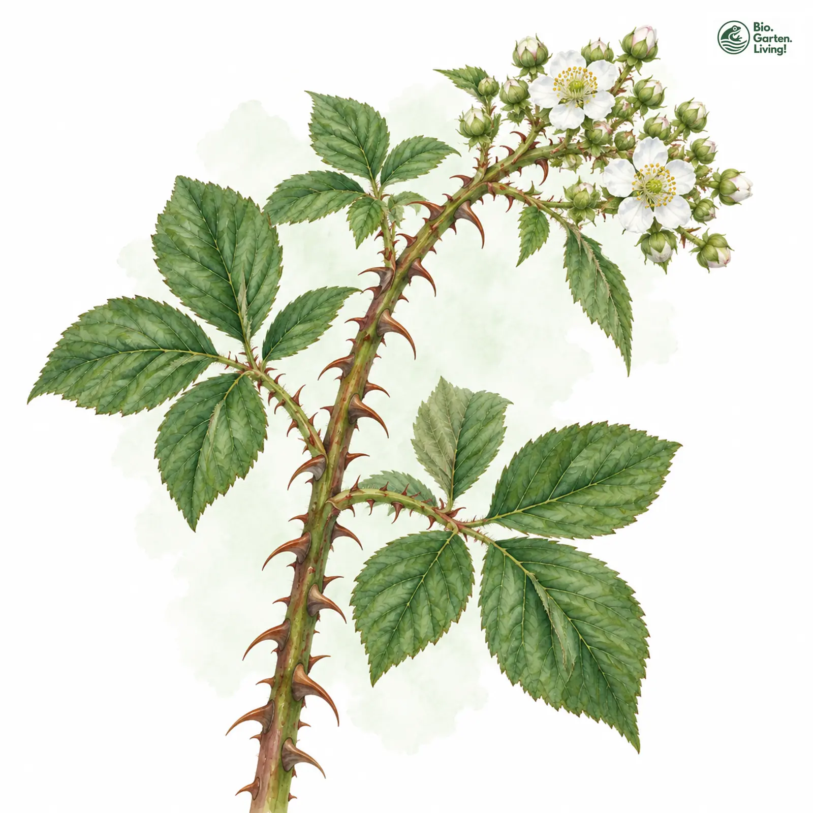 Aquarellzeichnung: Dornige Brombeere (Rubus senticosus)