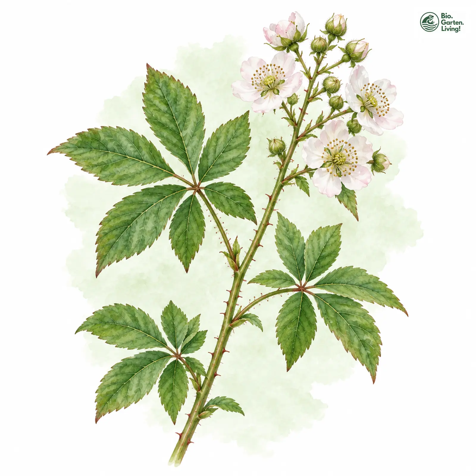 Aquarellzeichnung: Siebenblättrige Brombeere (Rubus septifolius)