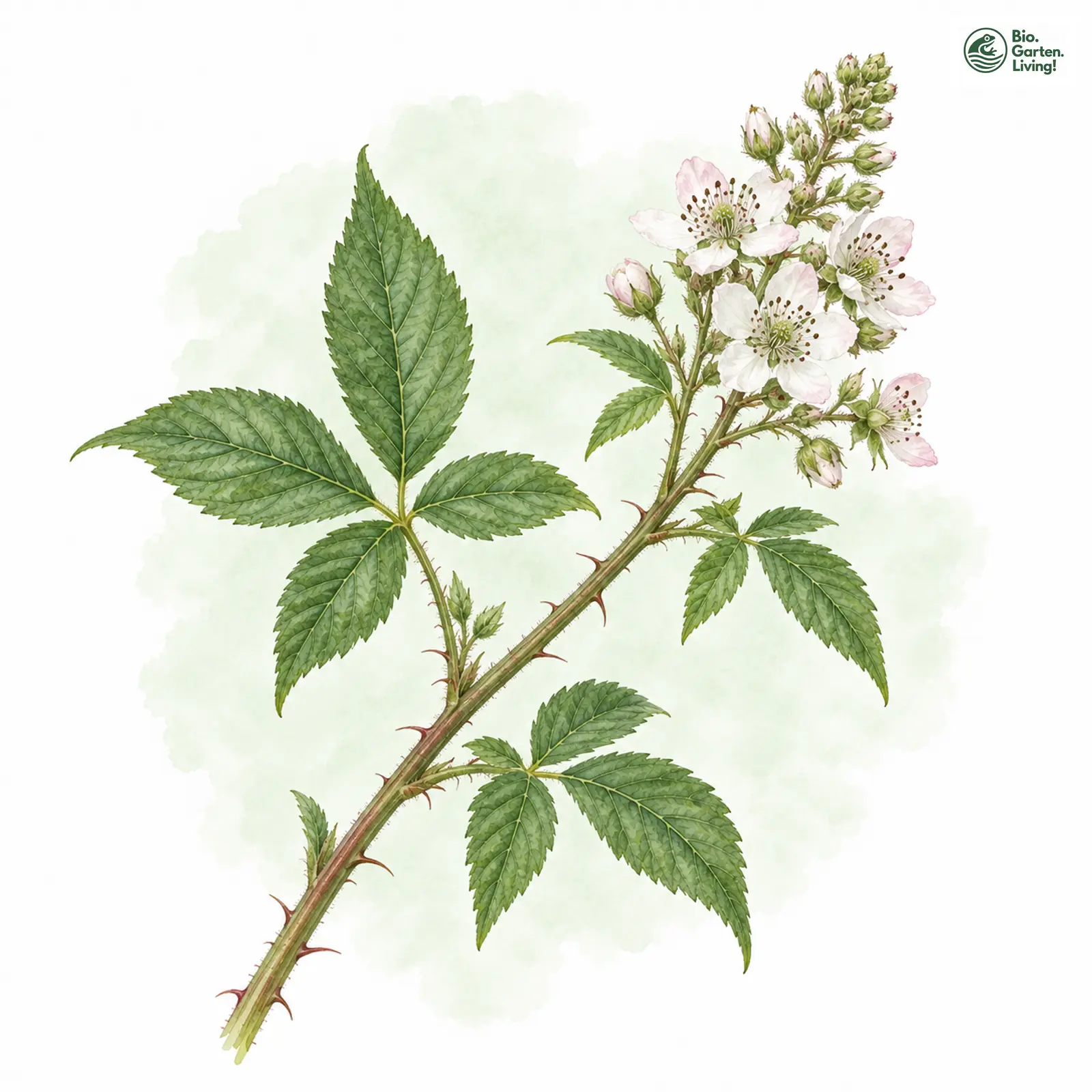 Aquarellzeichnung: Kegelstrauß-Brombeere (Rubus siekensis)