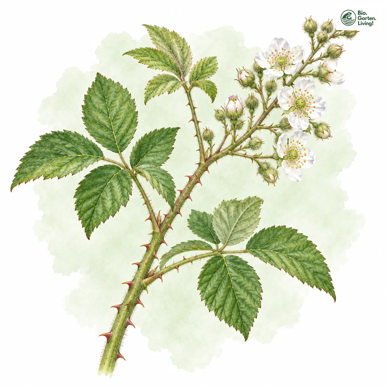 Aquarellzeichnung: Wald-Brombeere (Rubus silvaticus)