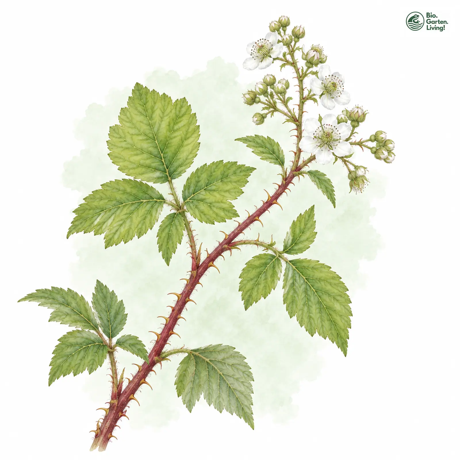 Aquarellzeichnung: Schleswigsche Haselblatt-Brombeere (Rubus slesvicensis)