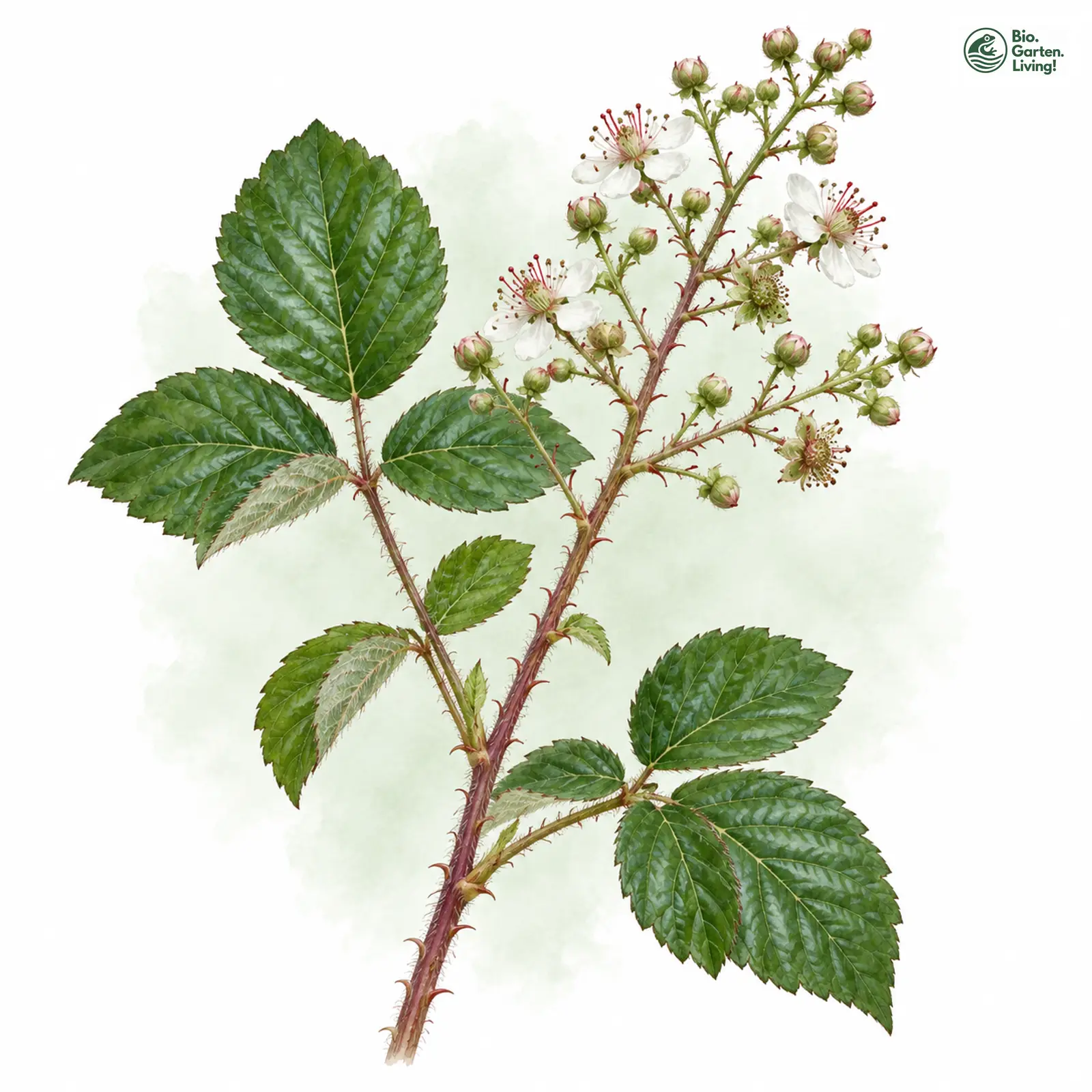 Aquarellzeichnung: Spiegelnde Brombeere (Rubus speculatus)