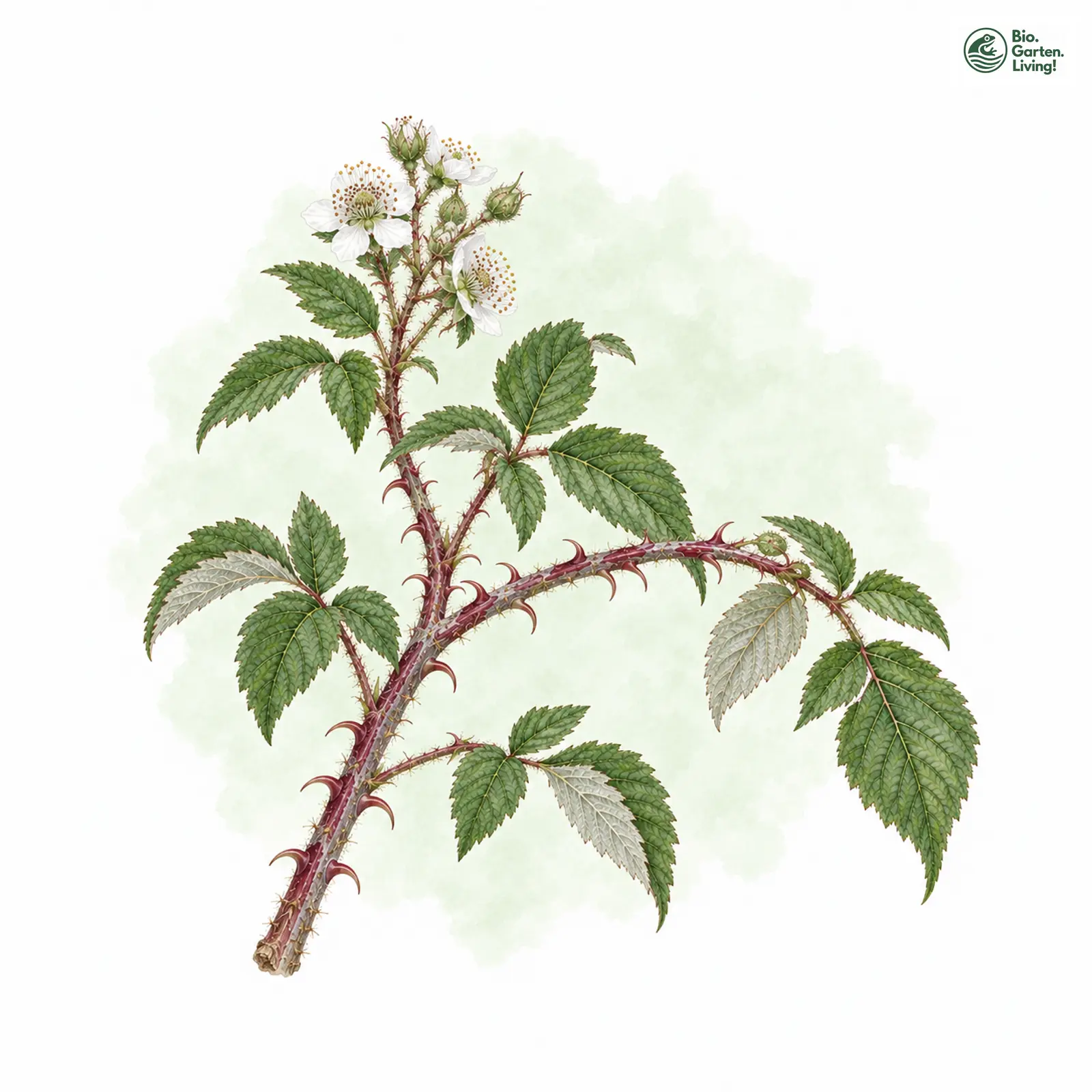 Aquarellzeichnung: Kreidige Brombeere (Rubus spina-curva)
