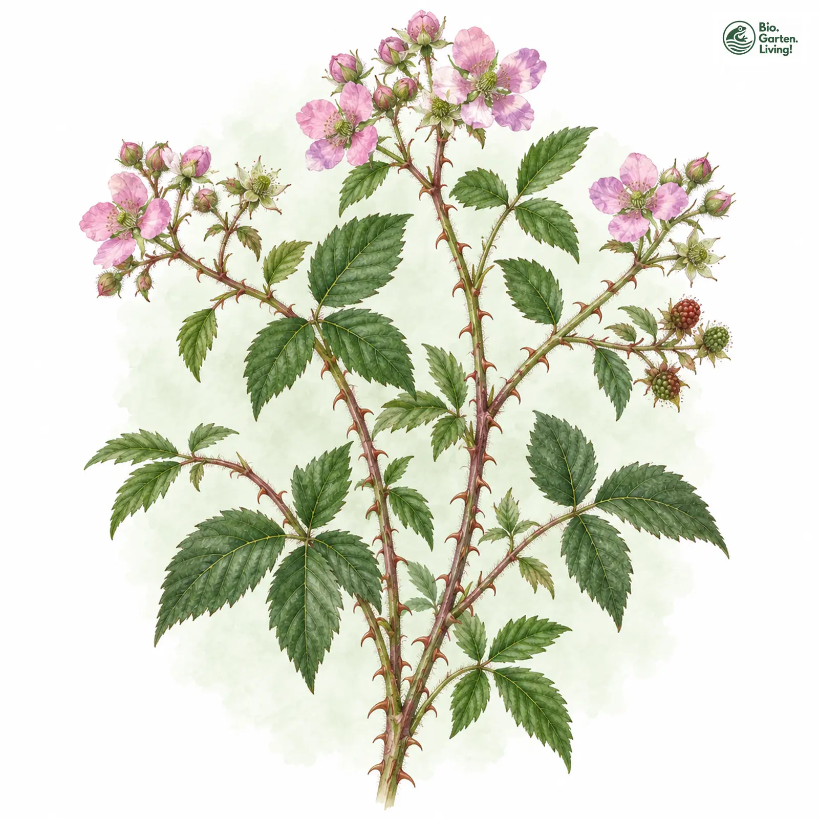 Aquarellzeichnung: Sprengel-Brombeere (Rubus sprengelii)