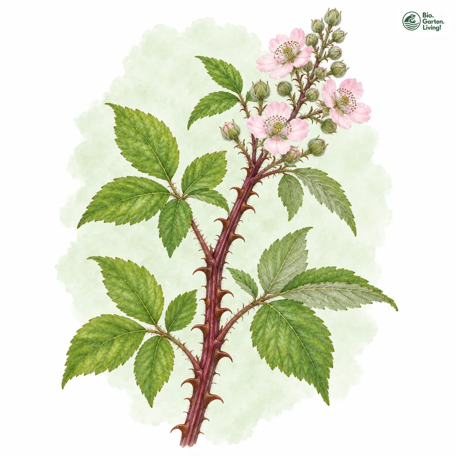 Aquarellzeichnung: Spitzpfahl-Brombeere (Rubus stimulifer)