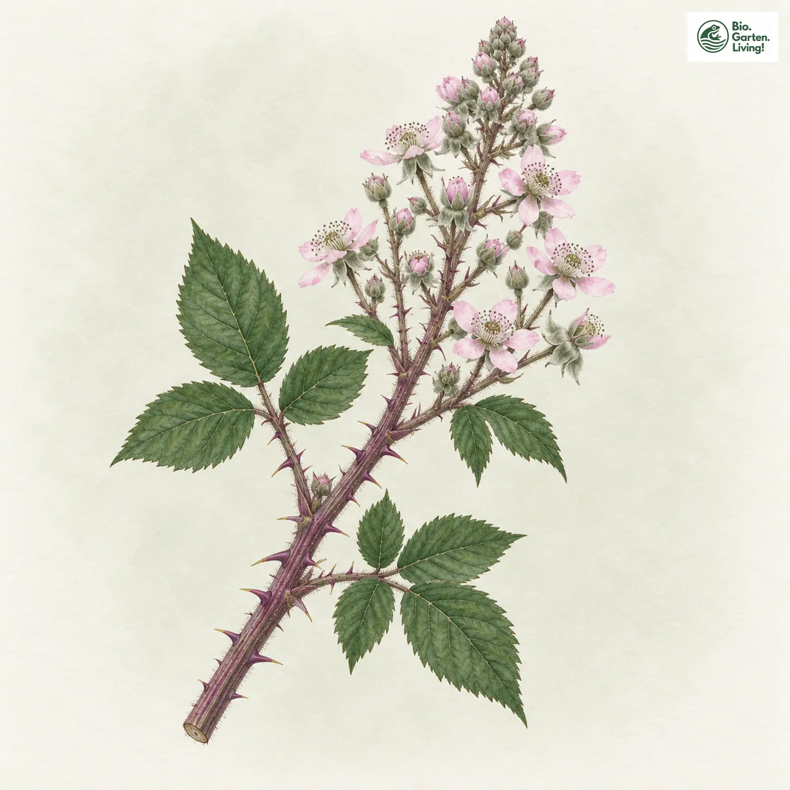 Aquarellzeichnung: Gestreiftstänglige Brombeere (Rubus striaticaulis)