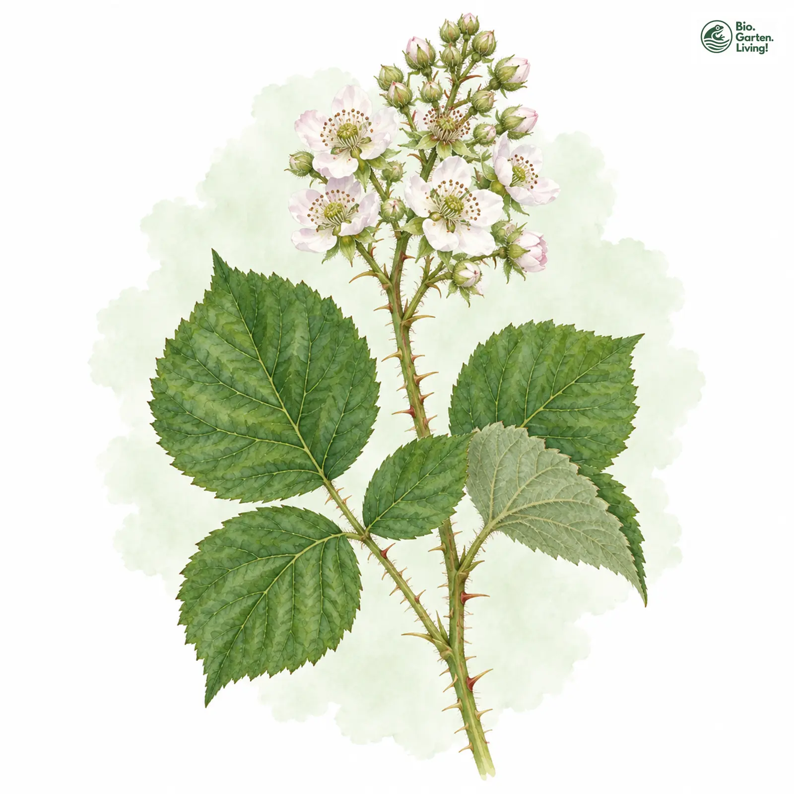 Aquarellzeichnung: Lindenblattähnliche Haselblattbrombeere (Rubus subtileaceus)