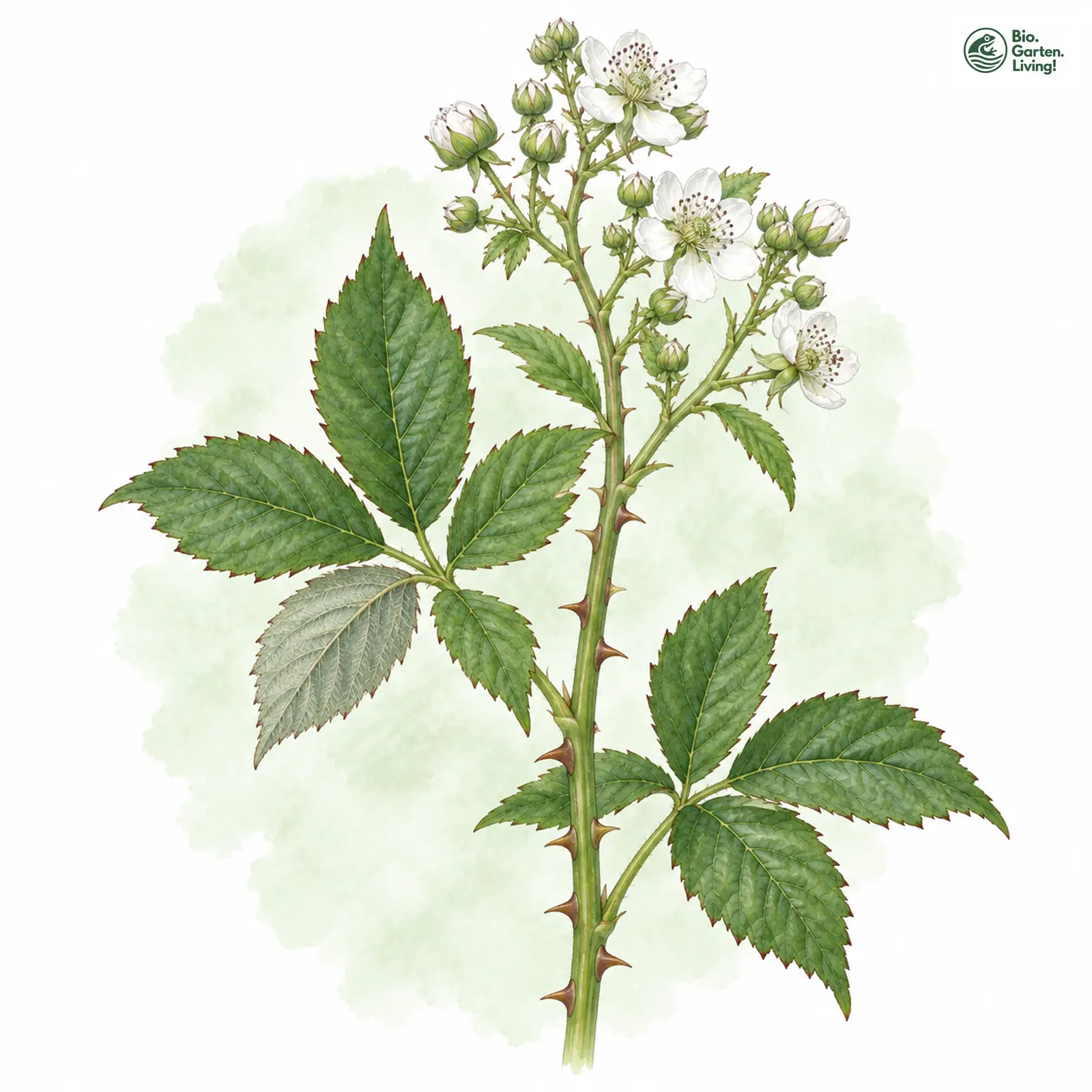 Aquarellzeichnung: Schwäbische Haselblatt-Brombeere (Rubus suevicola)