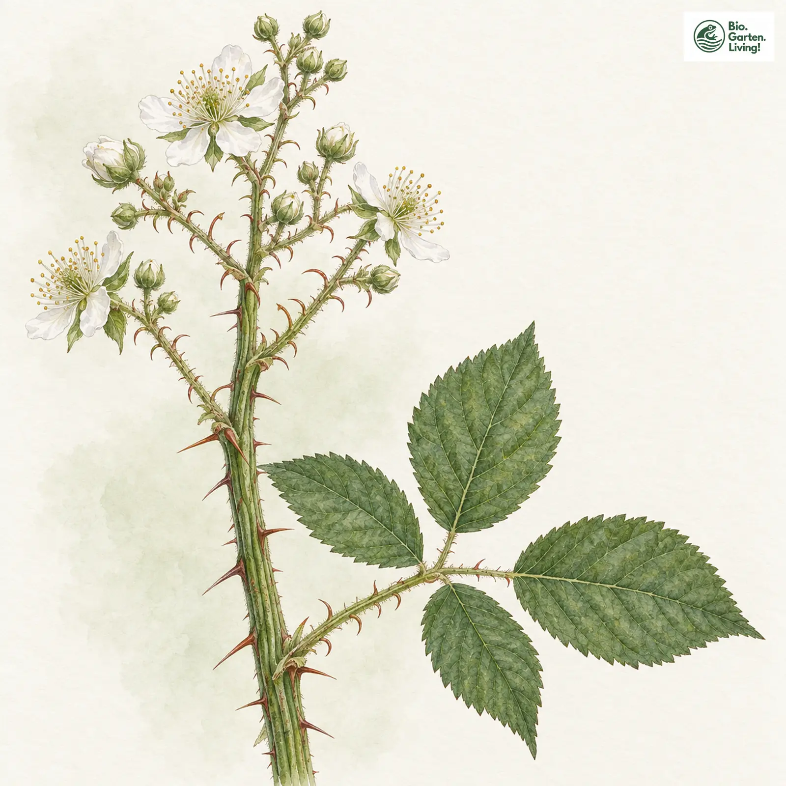 Aquarellzeichnung: Gefurchte Brombeere (Rubus sulcatus)