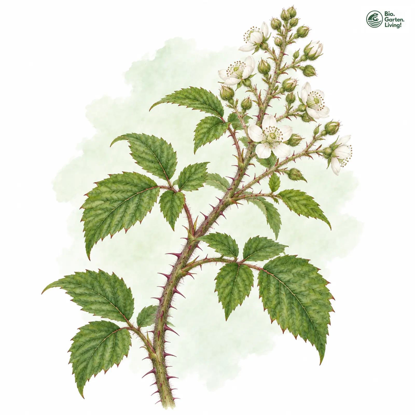 Aquarellzeichnung: Waldbewohnende Haselblatt-Brombeere (Rubus sylvulicola)