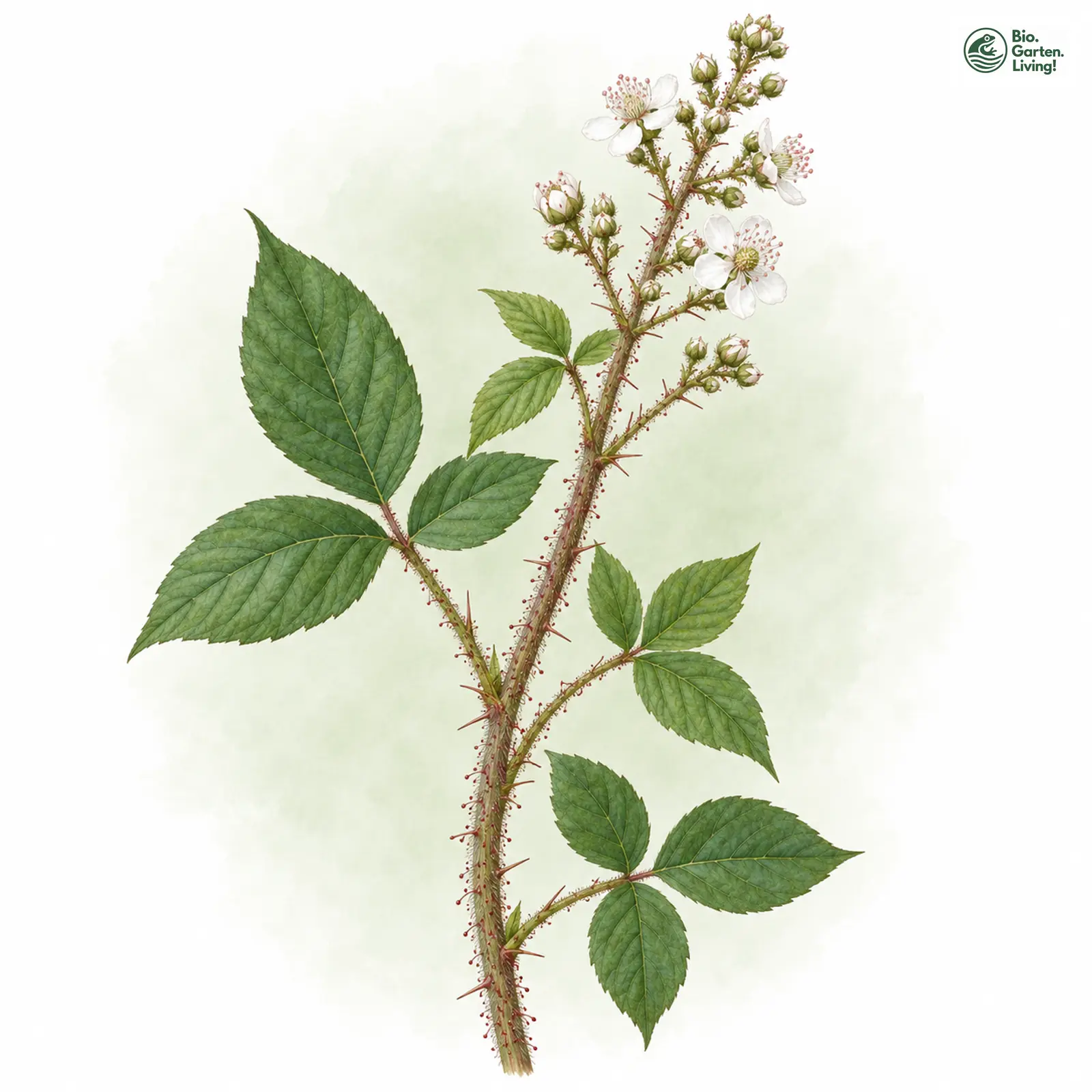 Aquarellzeichnung: Rundstänglige Brombeere (Rubus tereticaulis)