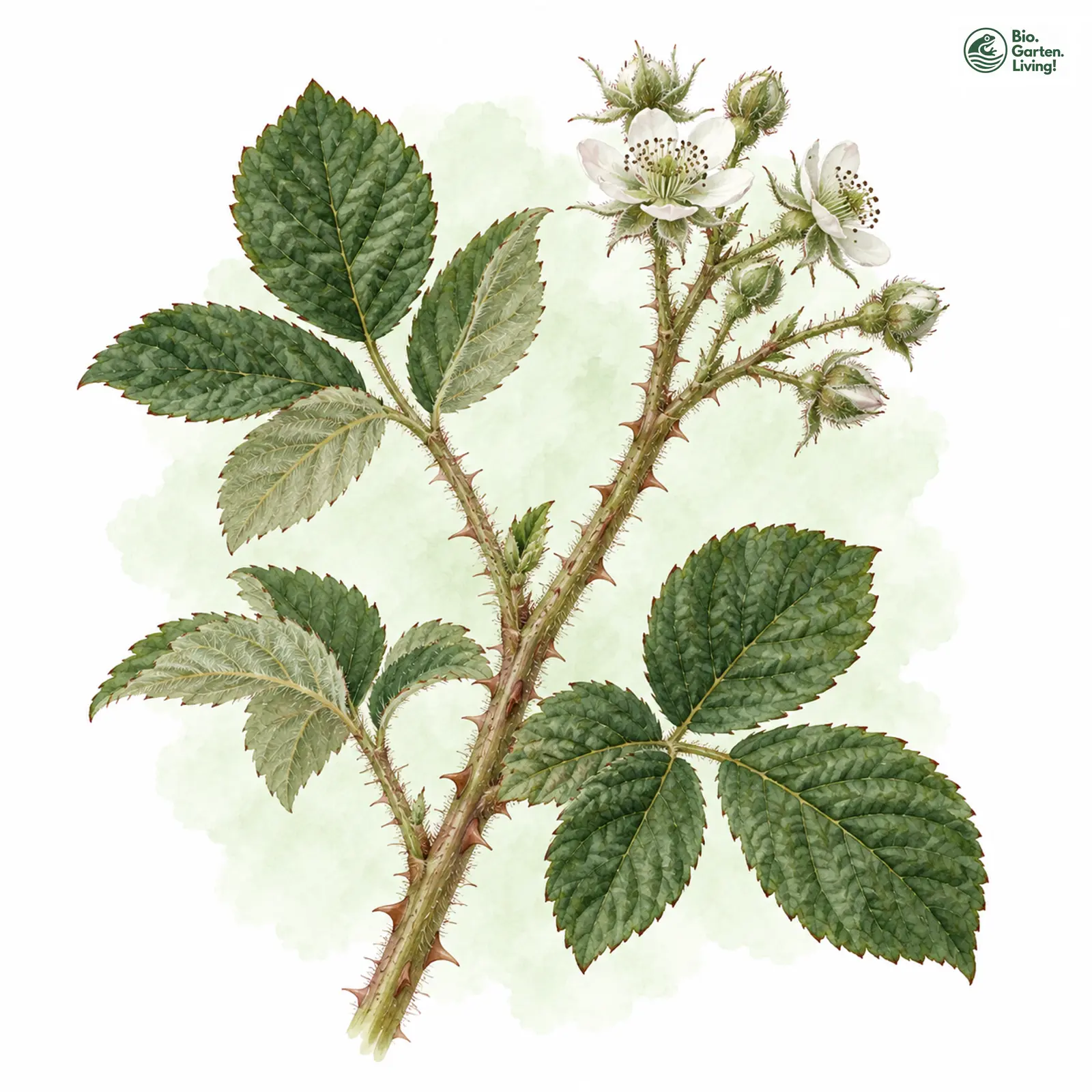 Aquarellzeichnung: Rundstielige Brombeere (Rubus teretiusculus)