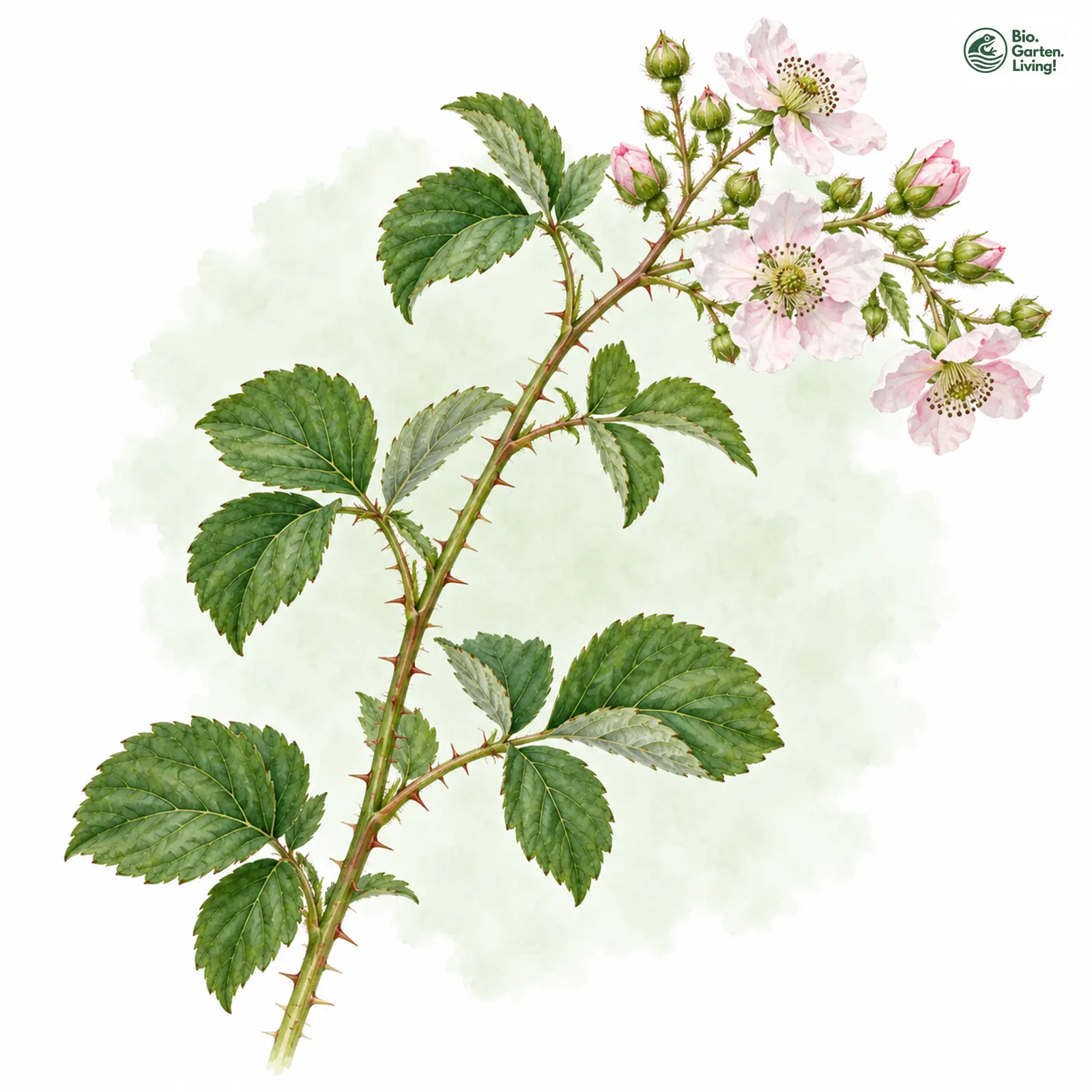 Aquarellzeichnung: Zarte Brombeere (Rubus thelybatos)