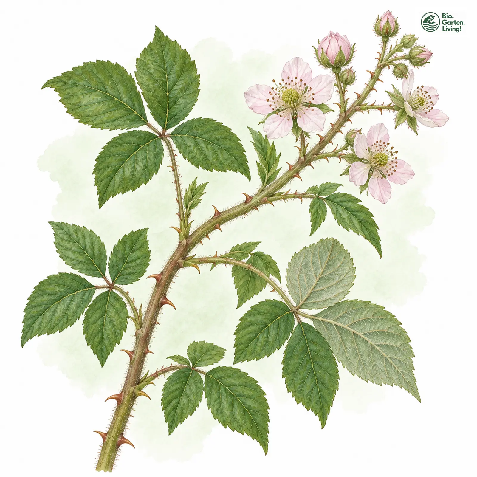 Aquarellzeichnung: Falsche Samt-Brombeere (Rubus transvestitus)