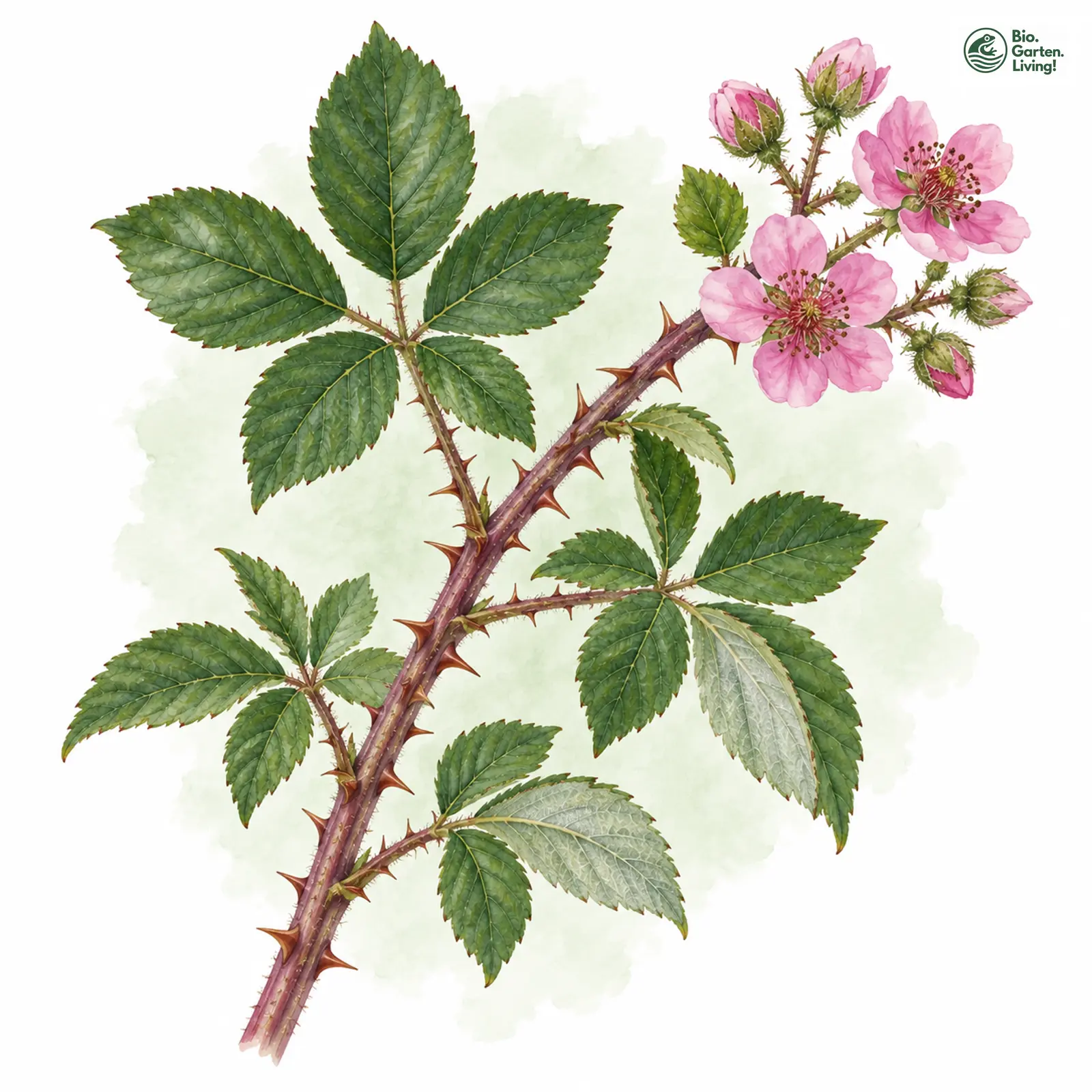 Aquarellzeichnung: Mittelmeer-Brombeere (Rubus ulmifolius)