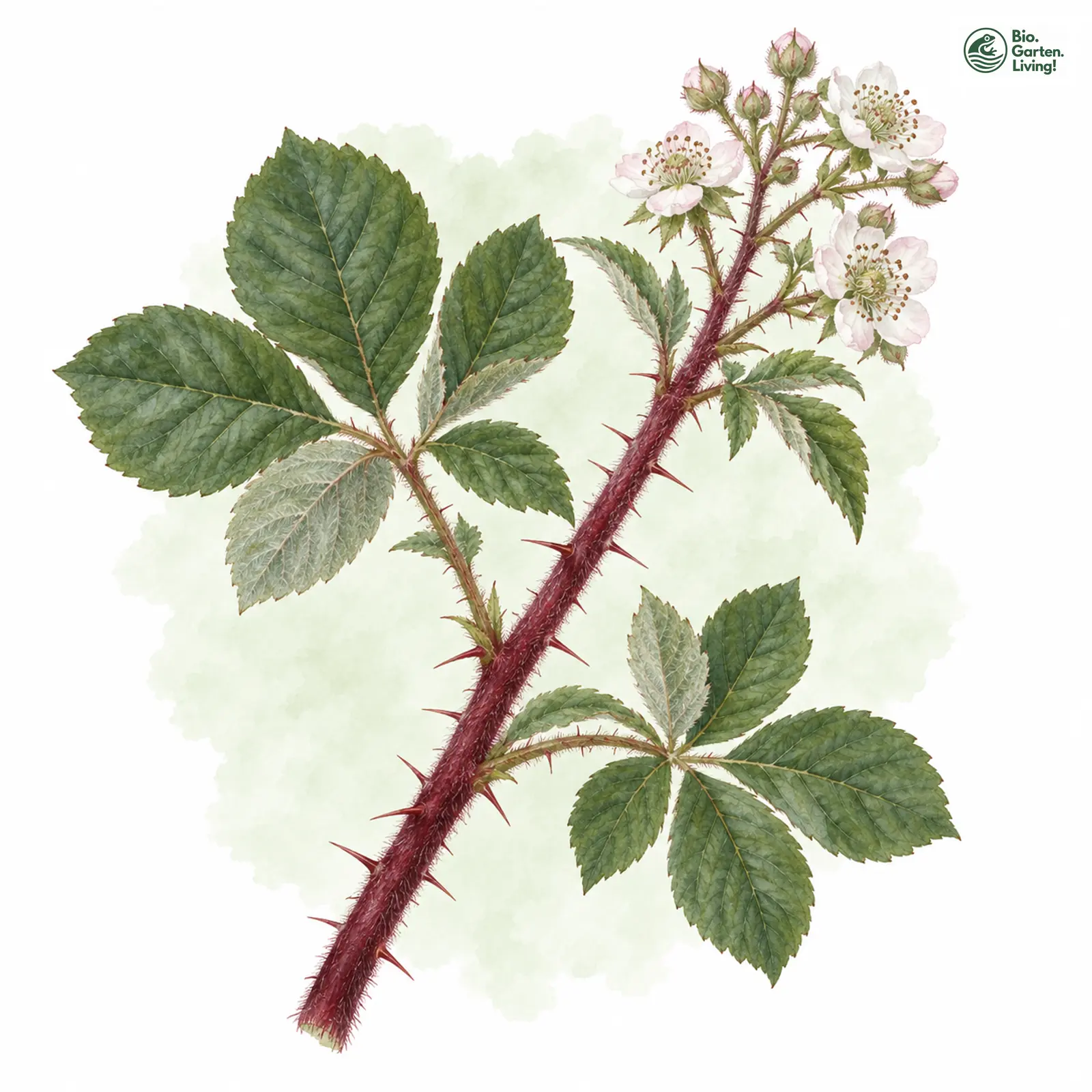 Aquarellzeichnung: Samt-Brombeere (Rubus vestitus)