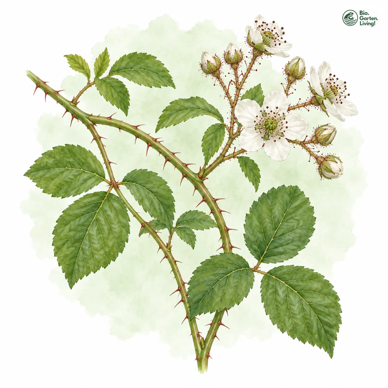 Aquarellzeichnung: Schweizer Haselblatt-Brombeere (Rubus villarsianus)