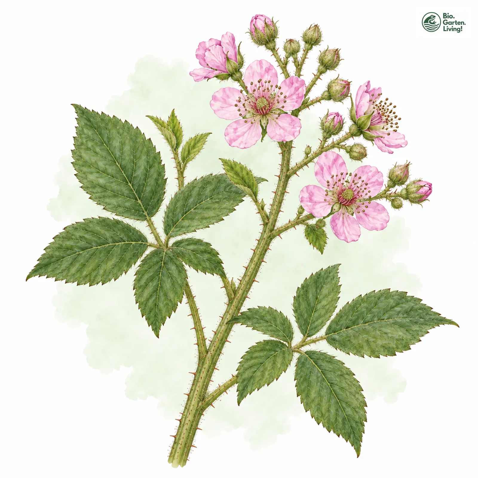 Aquarellzeichnung: Klebrige Brombeere (Rubus viscosus)