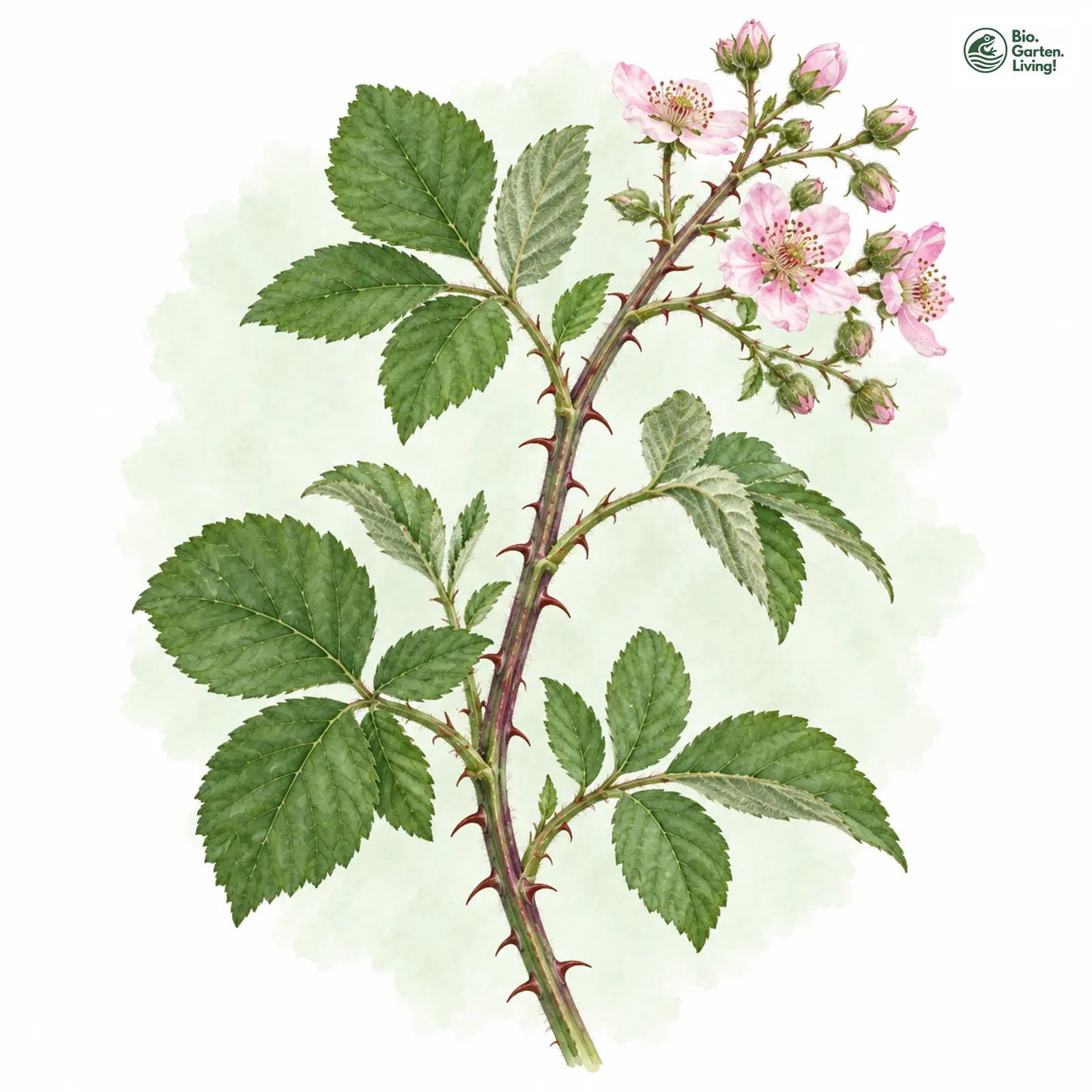 Aquarellzeichnung: Wahlberg-Haselblatt-Brombeere (Rubus wahlbergii)