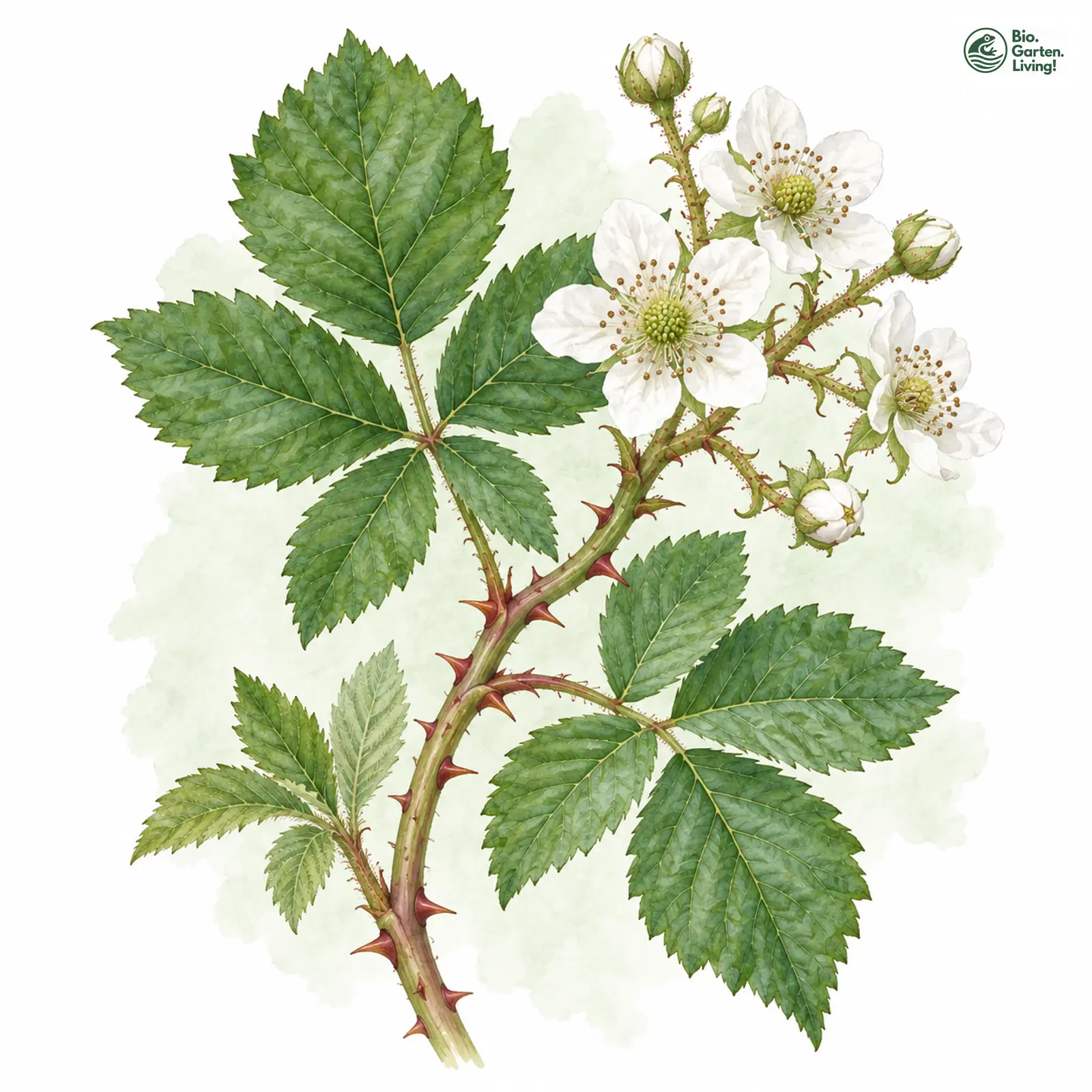 Aquarellzeichnung: Walsemann-Haselblatt-Brombeere (Rubus walsemannii)