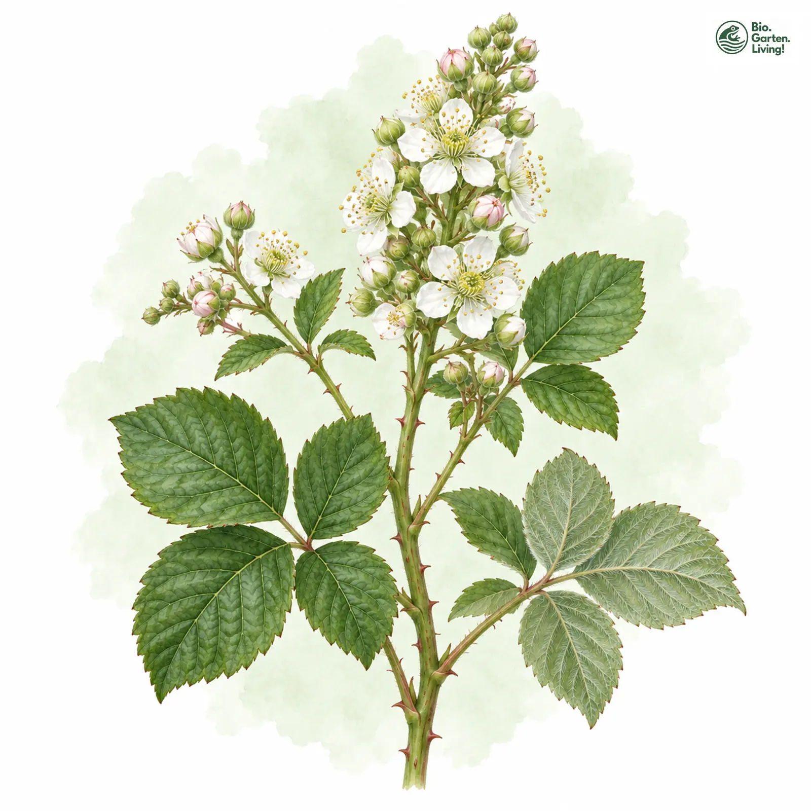 Aquarellzeichnung: Wessbergs Haselblatt-Brombeere (Rubus wessbergii)