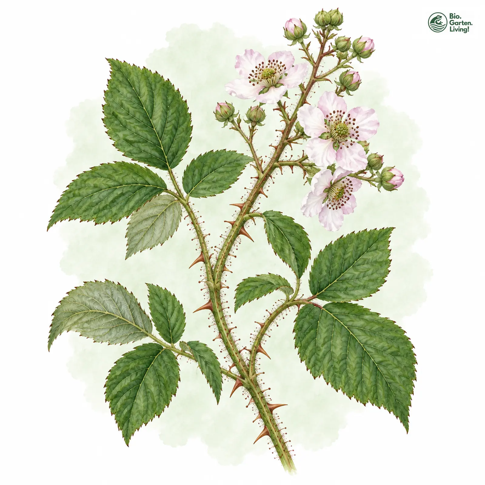 Aquarellzeichnung: Schwerttragende Haselblatt-Brombeere (Rubus xiphophorus)