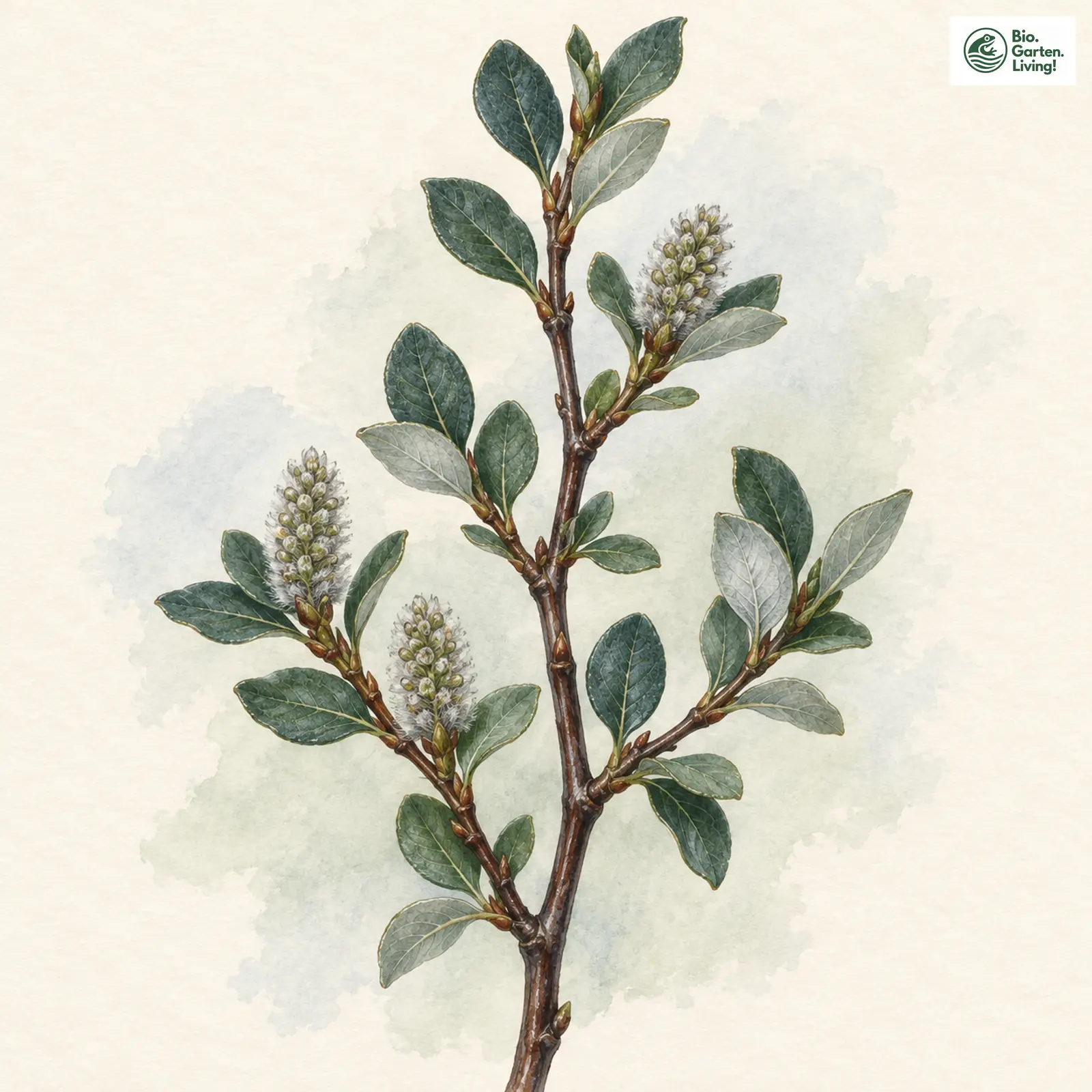 Aquarellzeichnung: Blaugrüne Weide (Salix caesia)