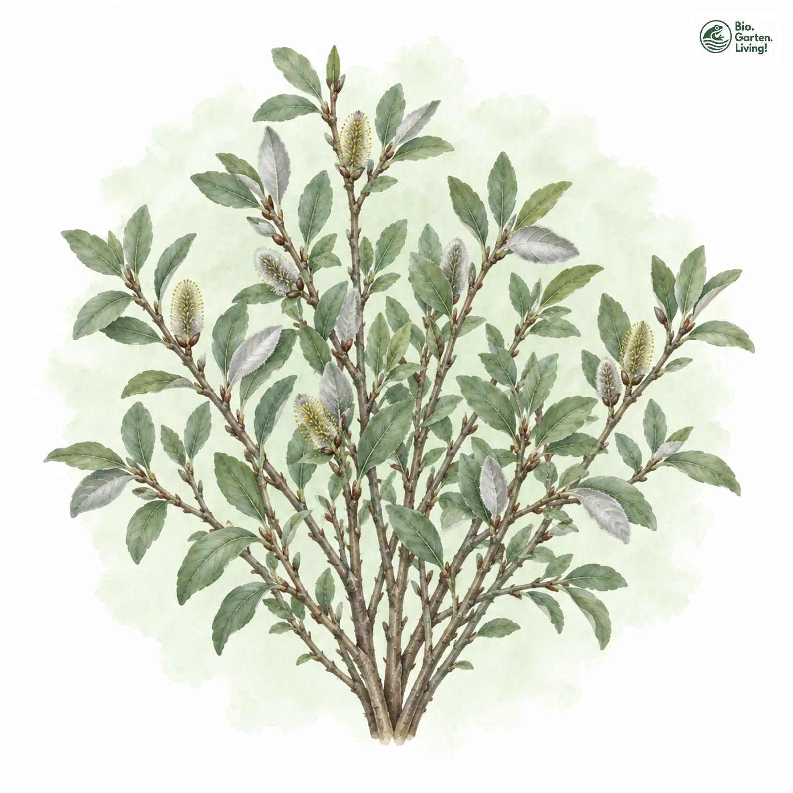 Aquarellzeichnung: Grau-Weide (Salix cinerea (im weiteren Sinne))