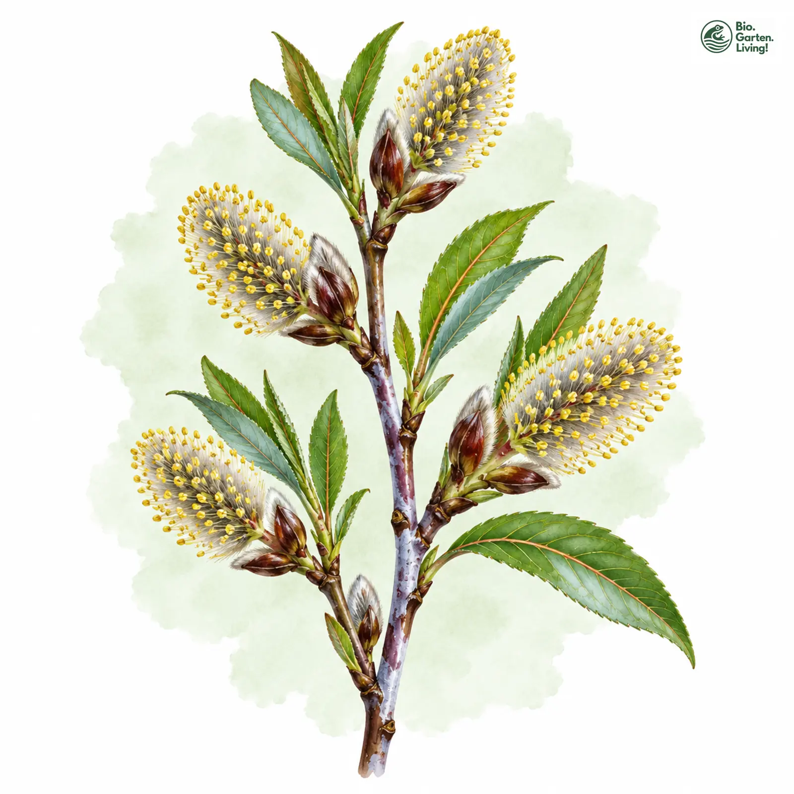 Aquarellzeichnung: Reif-Weide (Salix daphnoides)
