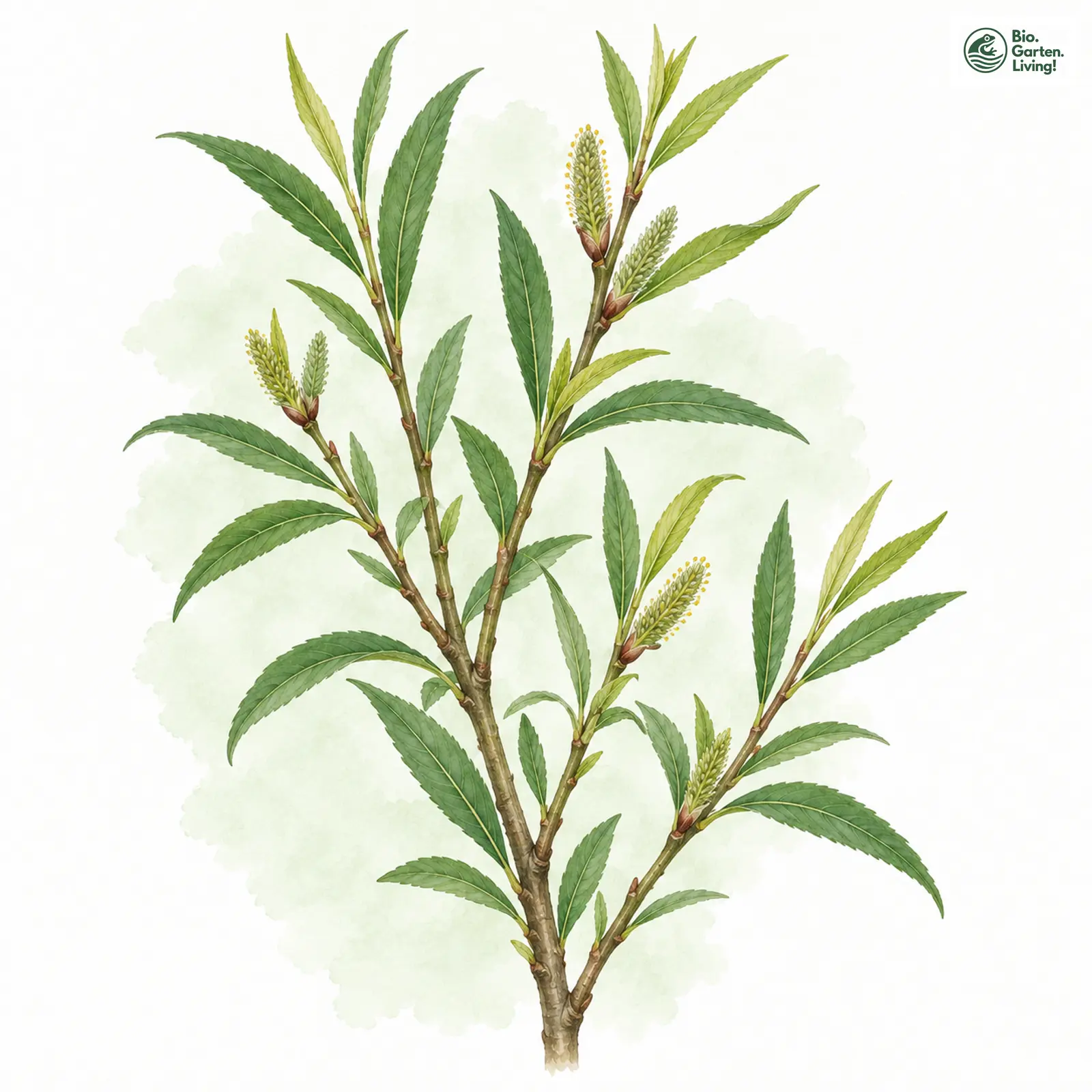 Aquarellzeichnung: Busch-Weide (Salix mollissima)