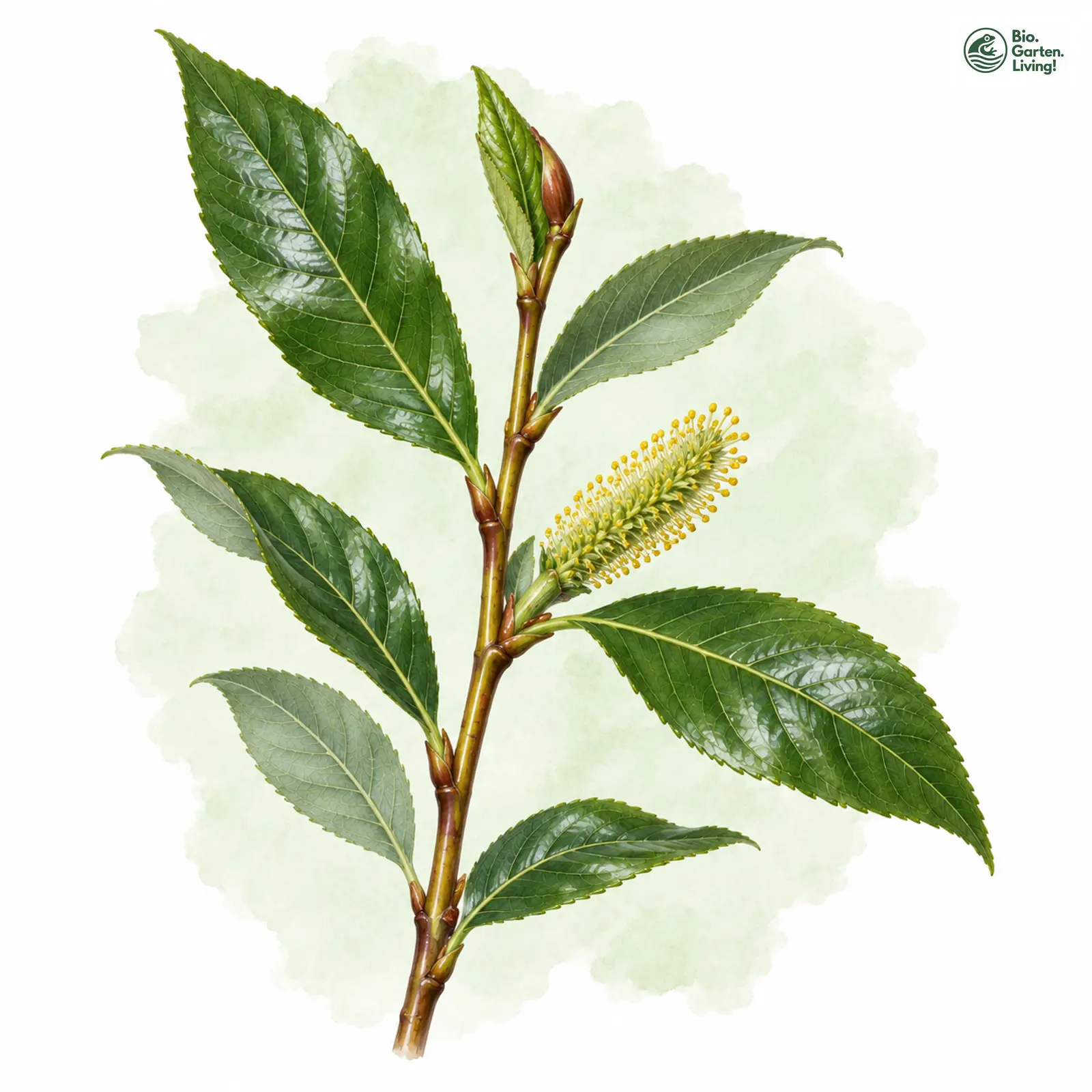 Aquarellzeichnung: Lorbeer-Weide (Salix pentandra)
